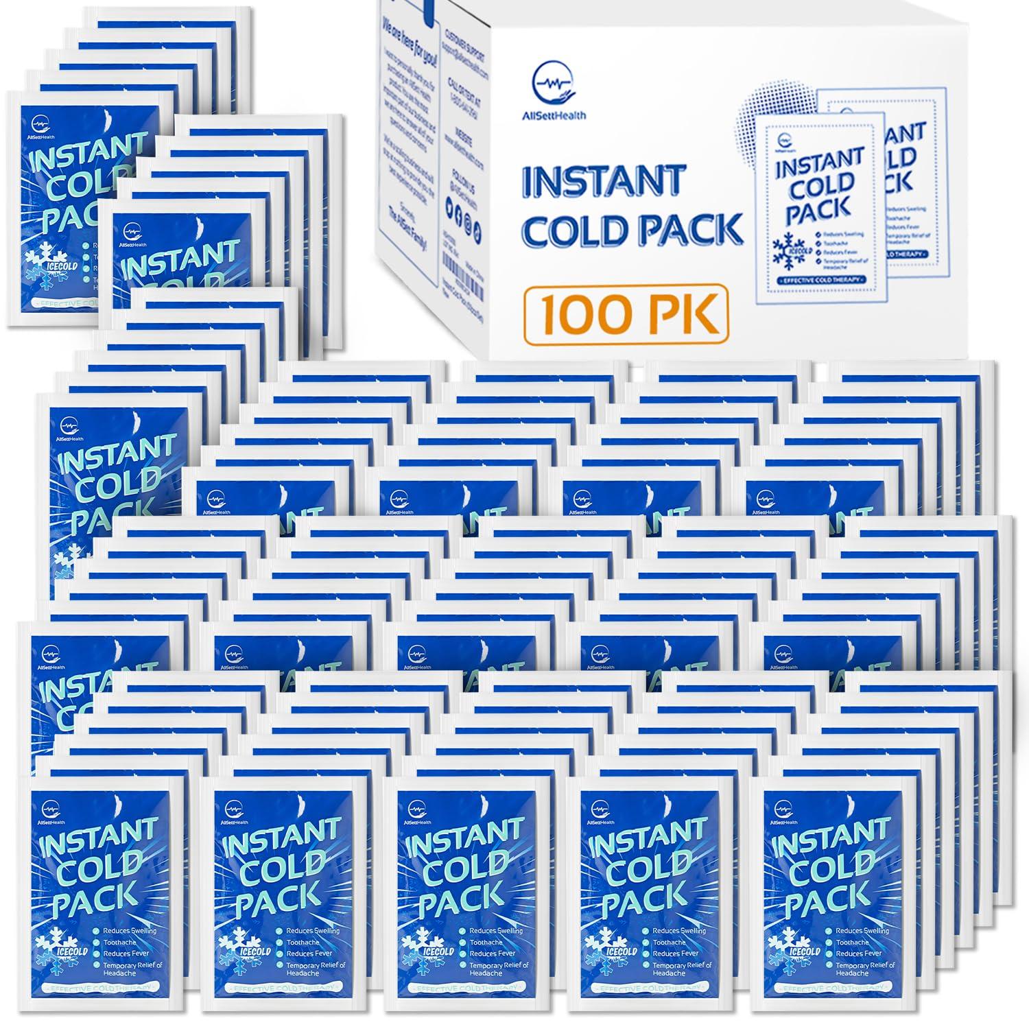 AllSett Health Instant Ice Cold Pack (6 x 4.5) - 100 Packs Disposable Instant Ice Packs for Injuries | Cold Compress Ice Pack for Pain Relief, Swelling, First Aid, Toothache, Athletes & Outdoor Activities