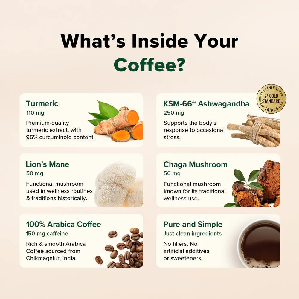 VAHDAM VAHDAM, Instant Mushroom Coffee with KSM 66 Ashwagandha (250mg, 40 servings), Turmeric, Lion\'s Mane and Chaga Mushroom | 100% Arabica Coffee | Supports Better Focus and Immunity | Enjoy Hot or Iced