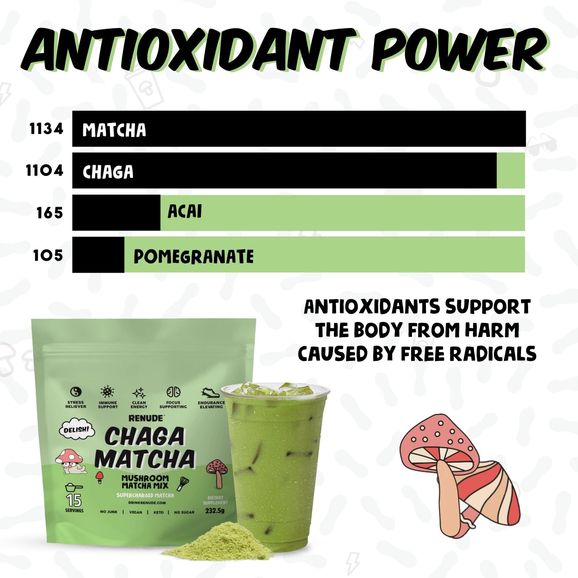 Renude Renude Chaga Matcha - Chaga Mushroom Powder, Matcha Superfood Drink Mix with Adaptogens, Ceremonial Grade Mushroom Matcha, Keto, Vegan, Sugar Free, Natural Energy and Immune Support - 10 Servings