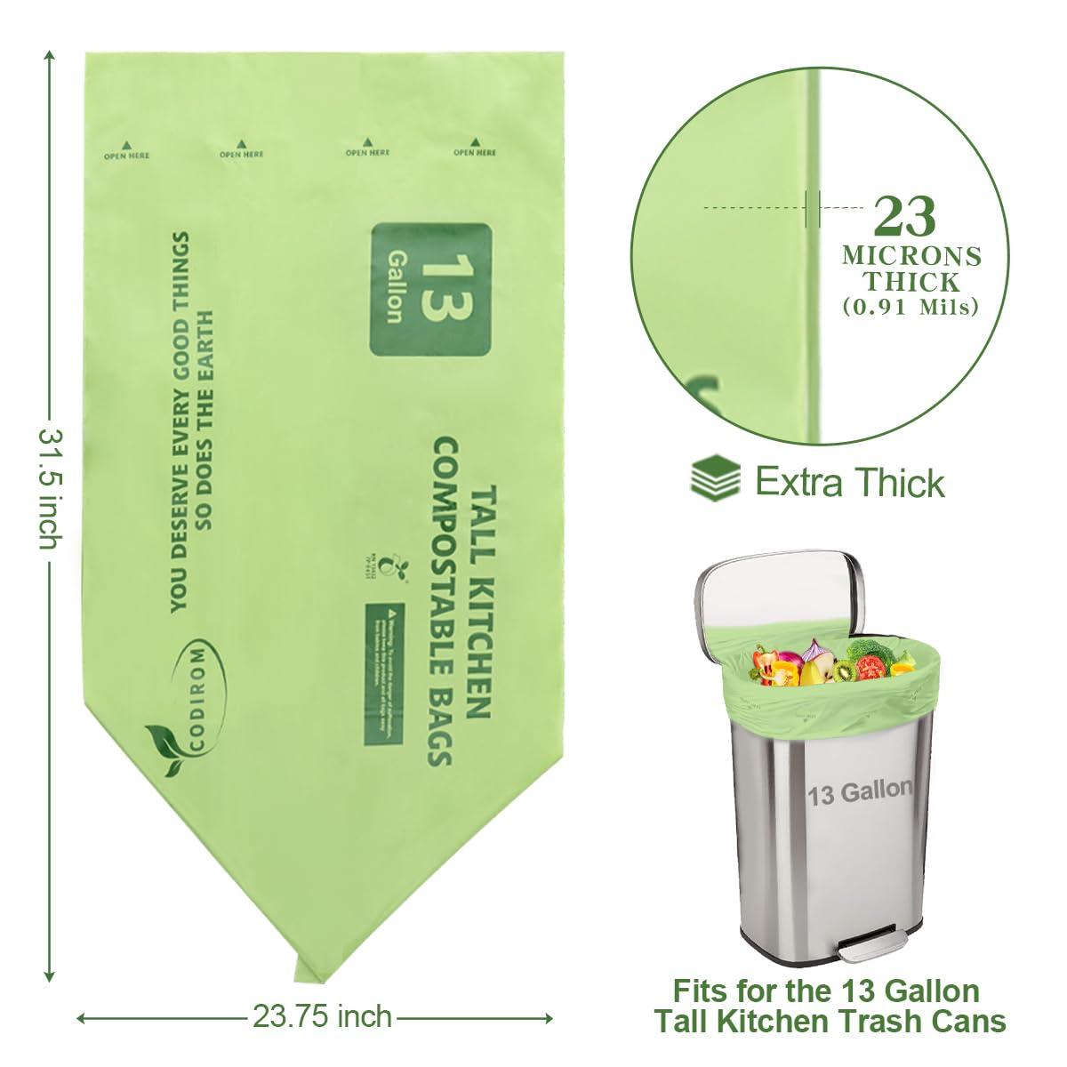 Codirom 100% Compostable Trash Bags, 13 Gallon, 49.2 Liter, 0.91 Mils, 65 Count Kitchen Tall Food Scrap Compost Bags for Tall Kitchen Trash Cans with Europe EN13432 Certified