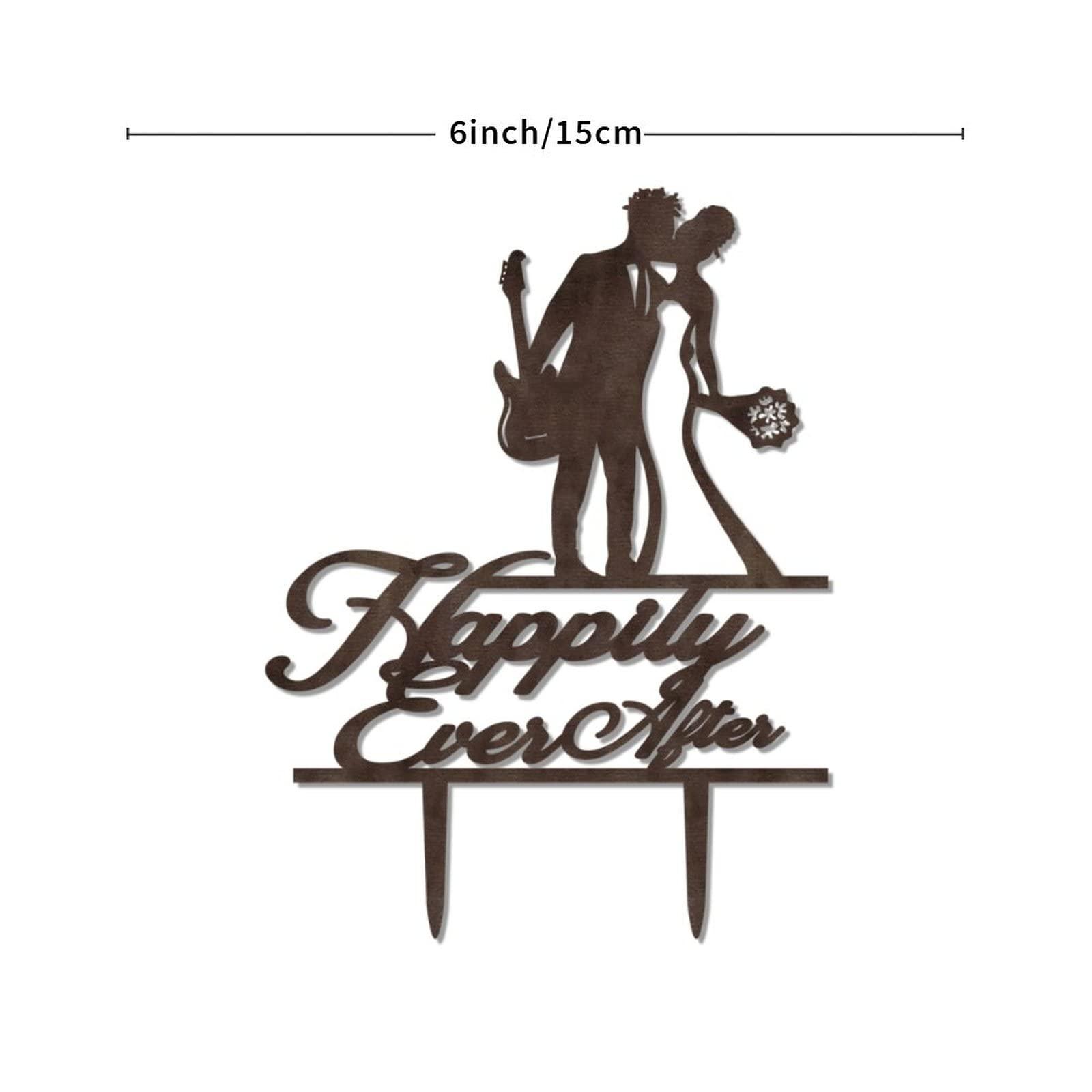 YJHLBHDIAN Silhouette Guitar Player African American Wedding Cake Topper Bride and Groom Personalized Cake Toppers Mr & Mrs Wedding Cake Toppers Couple Married Gift Personalized Cake Topper Wood Cake Topper