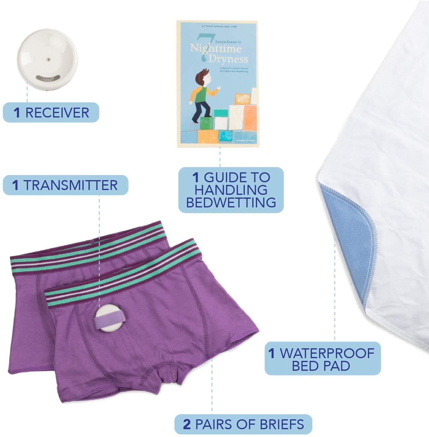 dry defender Rodger Wireless Bedwetting Alarm Kit - Most Effective System for Kids - Two Moisture Sensing Briefs, Waterproof Pad, Guide Book, Mobile App - Child, Lavender, Medium