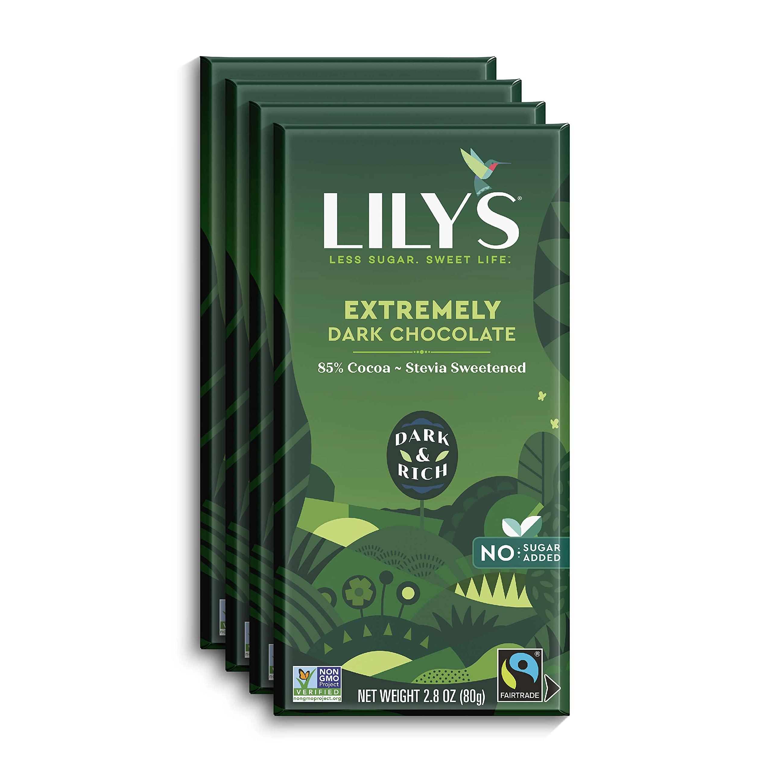 Lily's Extremely Dark Chocolate Bar by Lily's | Made with Stevia, No Added Sugar, Low-Carb, Keto Friendly | 85% Cocoa | Fair Trade, Gluten-Free & Non-GMO | 2.8 ounce, 4-Pack