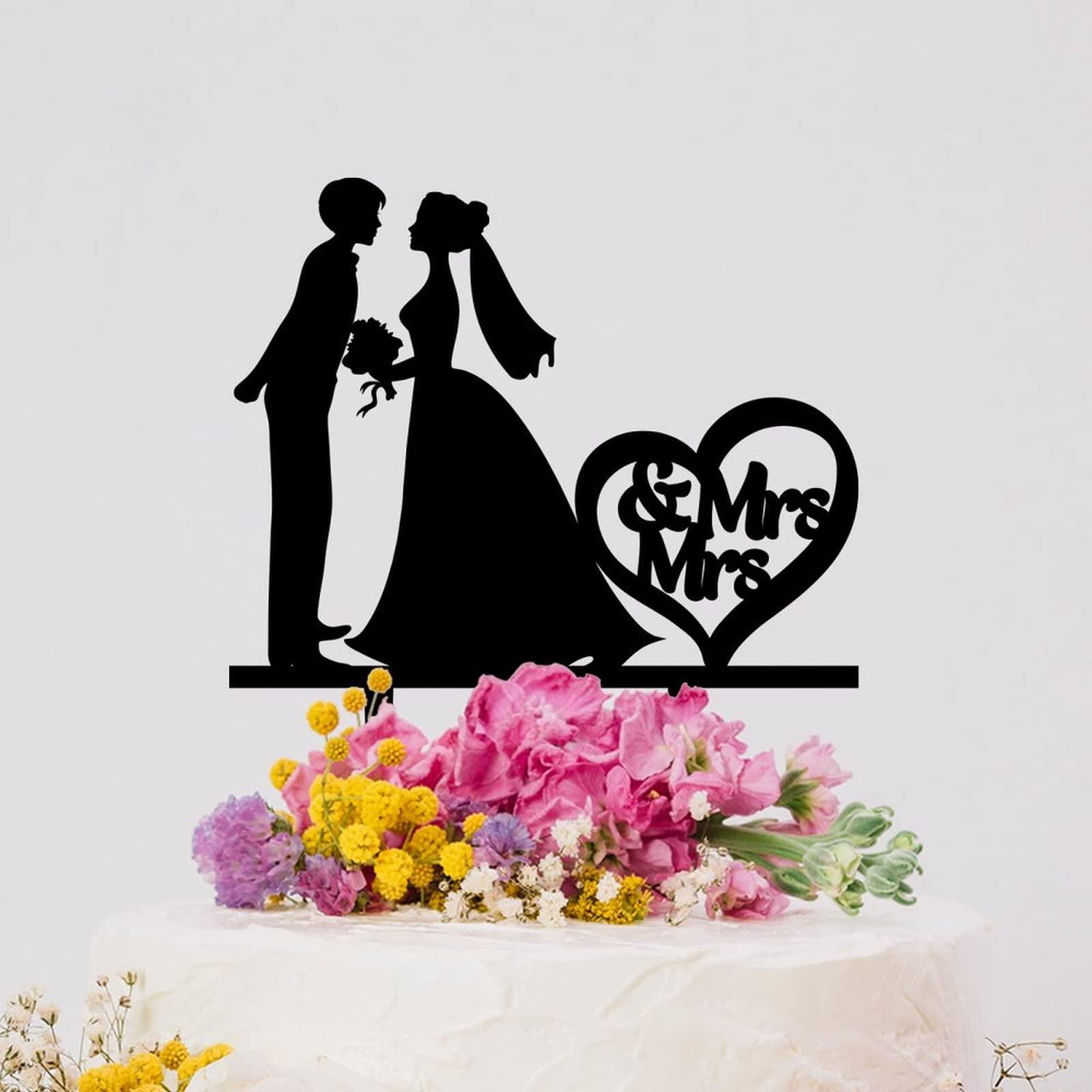 YJHLBHDIAN Two Brides Silhouette Wedding Cake Topper Mrs And Mrs Lesbians Cake Topper for Wedding Bride Couple Rustic Cake Topper Hers Engagement Cake Toppers Funny Custom LGBT Cake Topper Black Acrylic