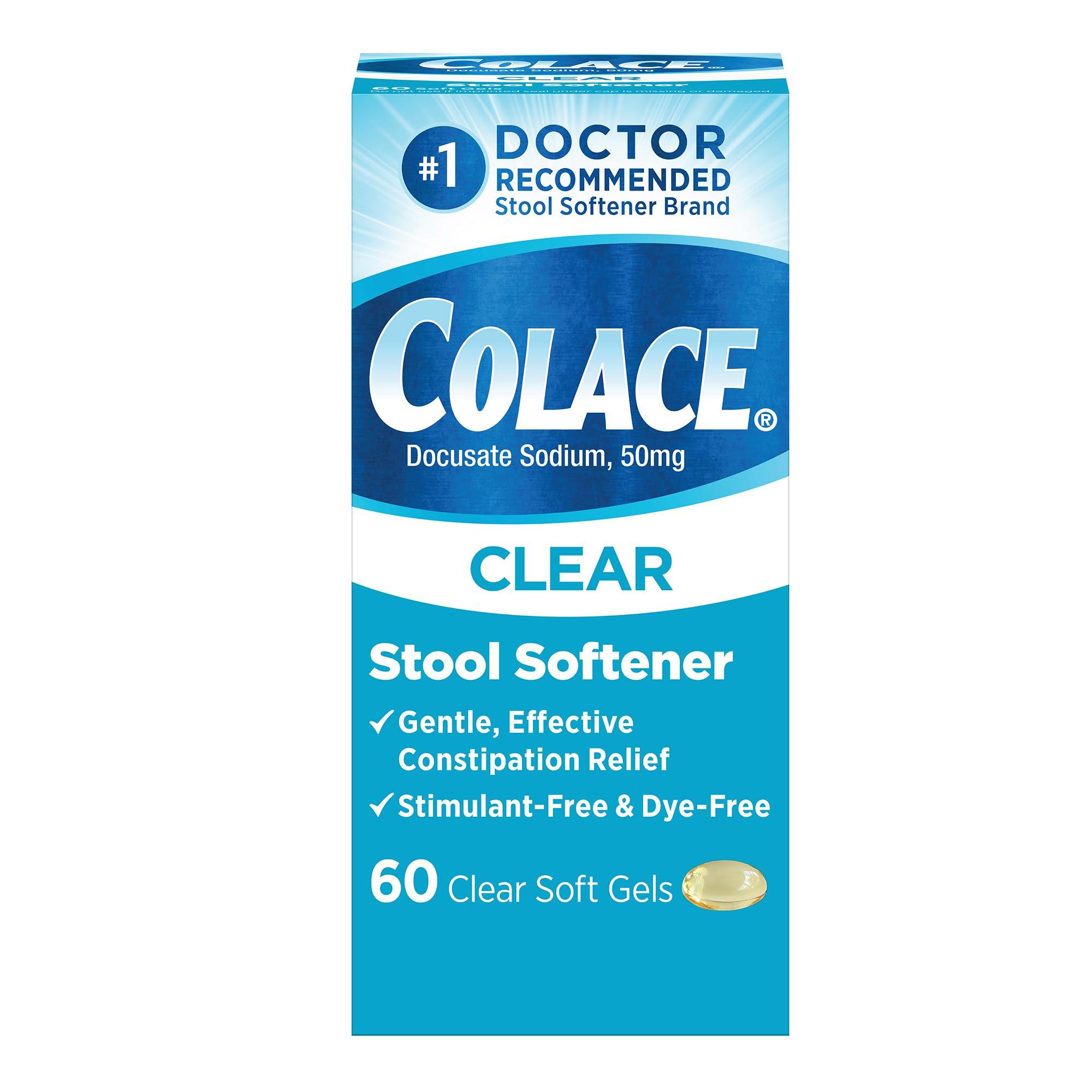 Colace Colace Clear Stool Softener Soft Gel Capsules Constipation Relief 50mg Docusate Sodium Doctor Recommended 60ct