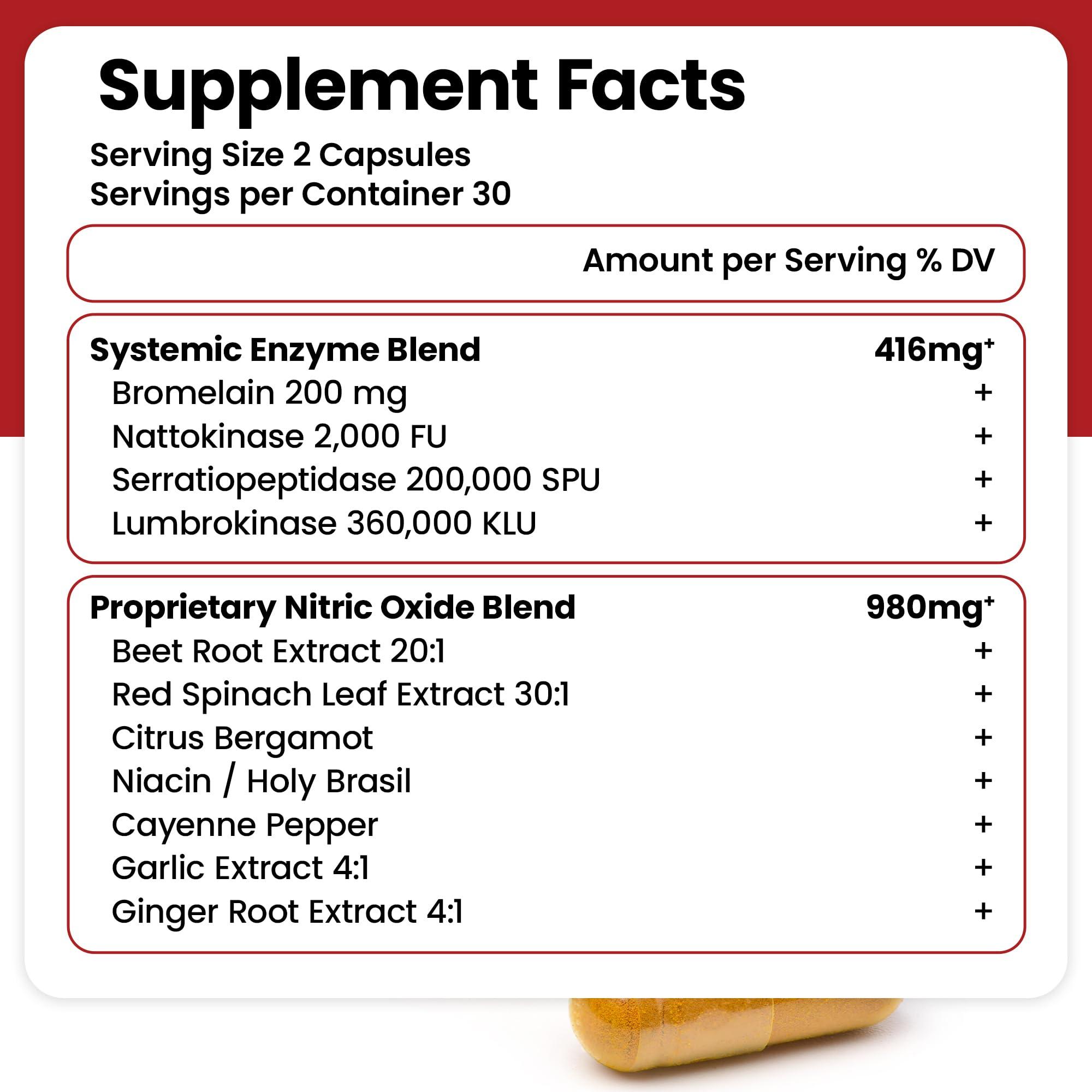 SunNutrition SunNutrition Nattokinase Supplement Nitric Oxide Capsules Beet Root Extract High Potency Lumbrokinase & Bromelain Systemic Enzymes Nitric Oxide Blend Clean & Flow Vascular Defense 60 Caps 30 Servings