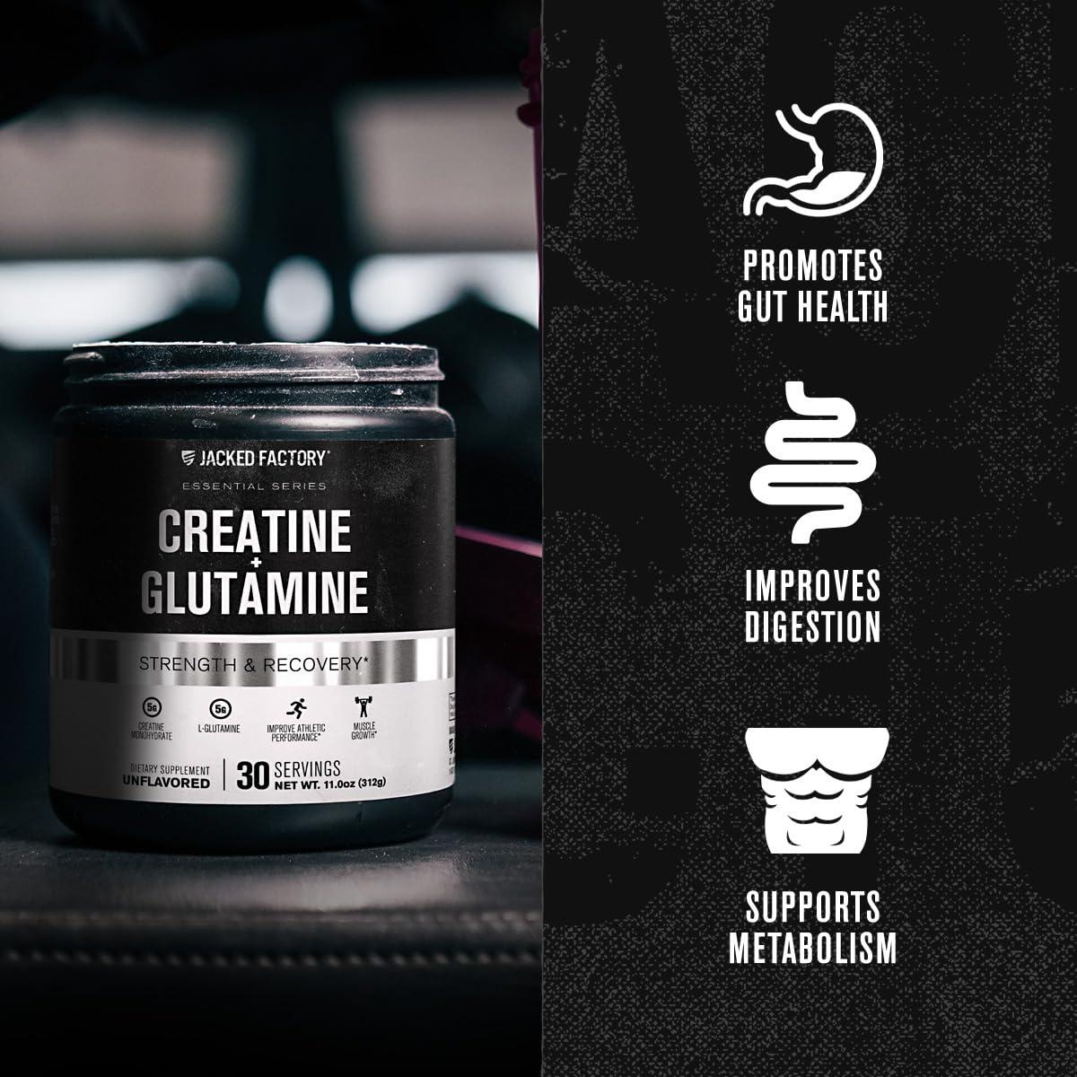Jacked Factory Creatine + Glutamine - Creatine Supplement with L-Glutamine for Muscle Recovery, Muscle Growth, Increased Strength, Enhanced Energy Output, and Gut Health - 30 Servings, Unflavored