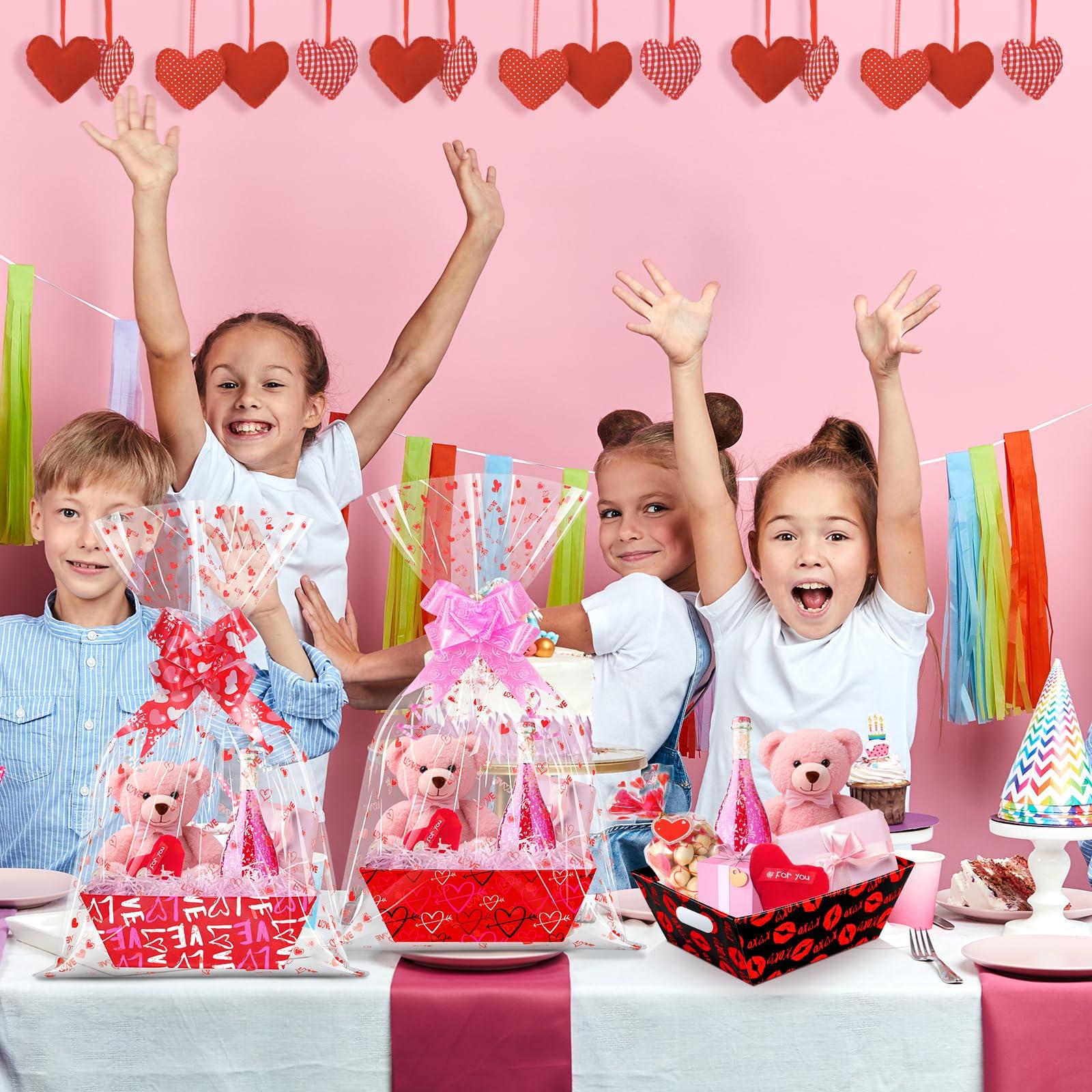 Hallswl 12 Set Valentines Day Empty Gifts Baskets Bulk with Cellophane Basket Bags and Bows Ribbons,Love Heart Market Tray Cardboard Gift Basket Empty to Fill for Valentine\'s Day Birthday Wedding Decor