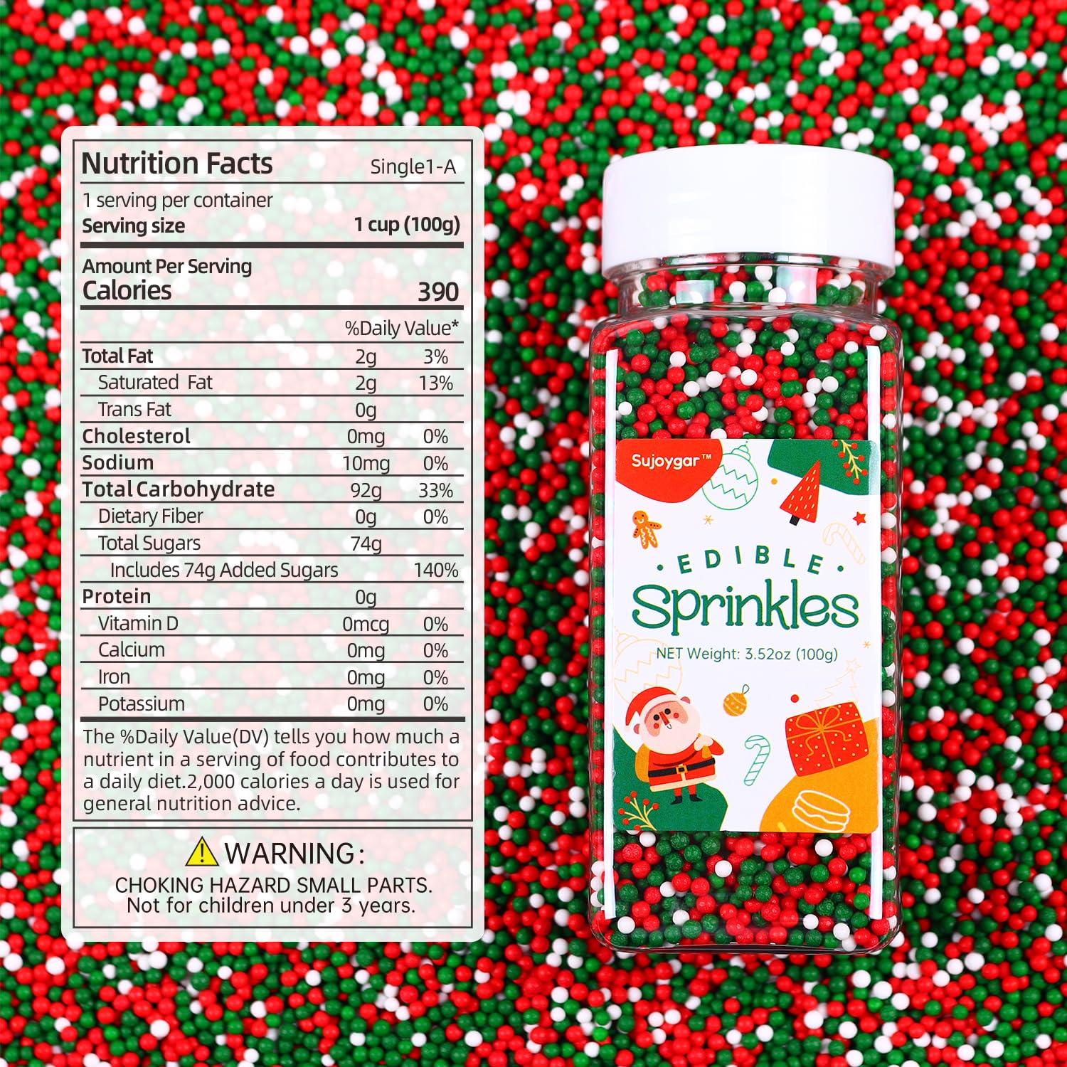 Sujoygar Christmas Nonpareils Sprinkles, 3.52oz Christmas Sprinkles for Cake Decorating, Edible Round Sprinkles for Cupcake Toppers Baking Cookie Ice Cream Dount Chocolate, Food Grade