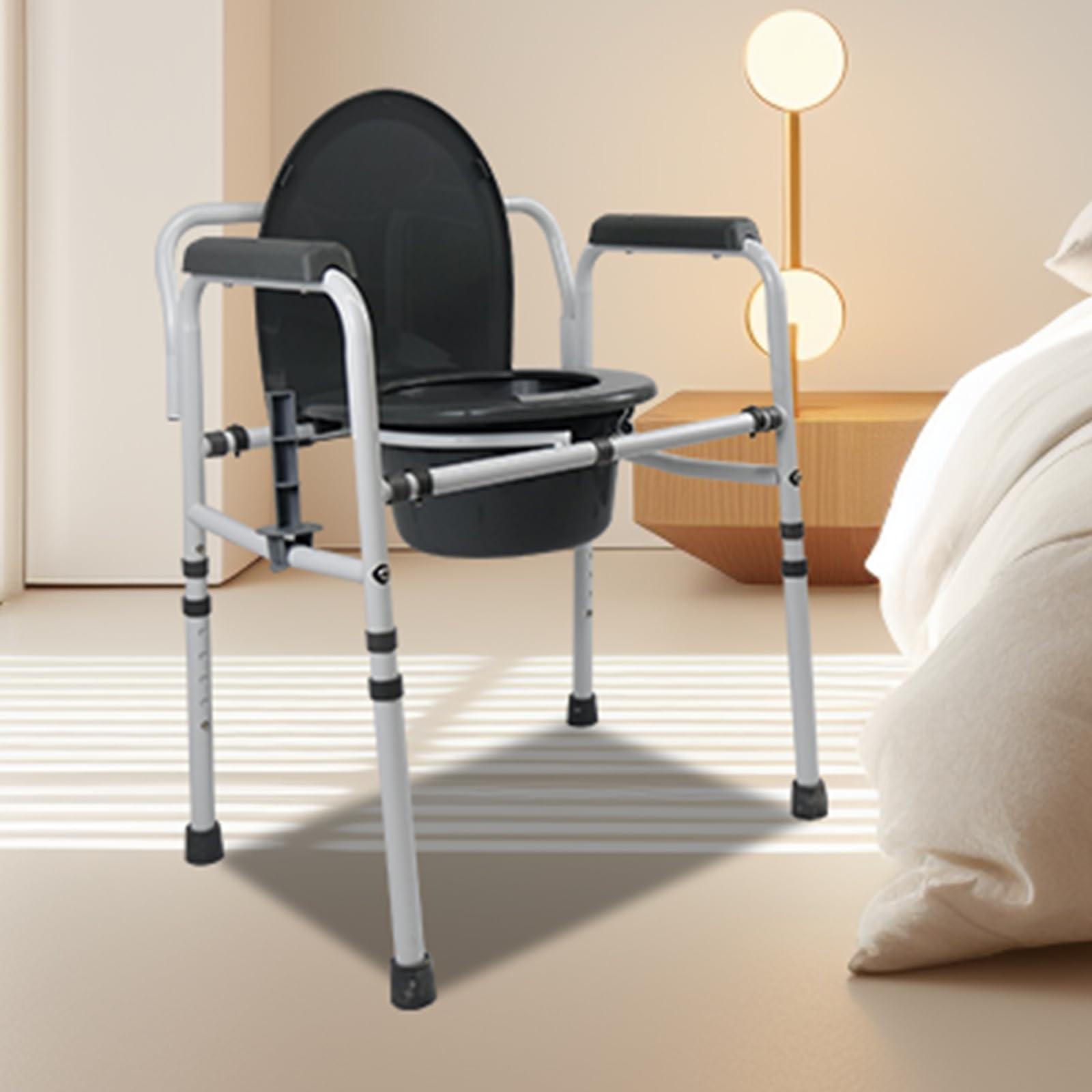 JumboTIGER 3-in-1 Steel Adjustable Bedside Commode,Portable Toilet for Adults 8 Quart,300 lb Weight Capacity Portable Potty,Toilet Seat with Safety Frame, Easy Cleaning, Tool-Free Assembly, Padded Arms,Gray