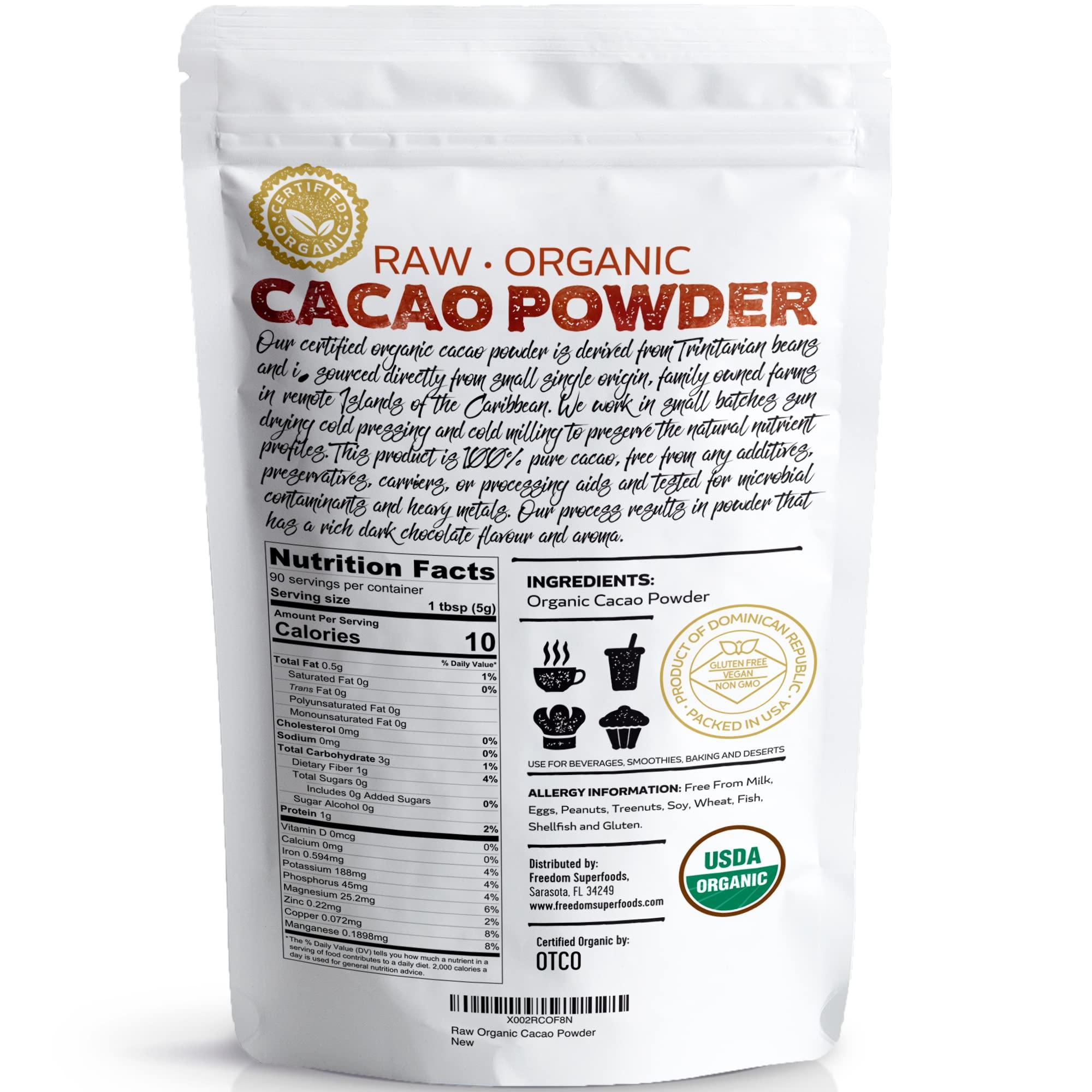 Freedom Superfoods Cacao Powder Organic Raw - Natural Unsweetened Cocoa - Rich Dark Chocolate Taste - Make Sugar-Free, Vegan, Keto & Gluten-Free Hot Chocolates and Recipes - 1lb/ 16oz