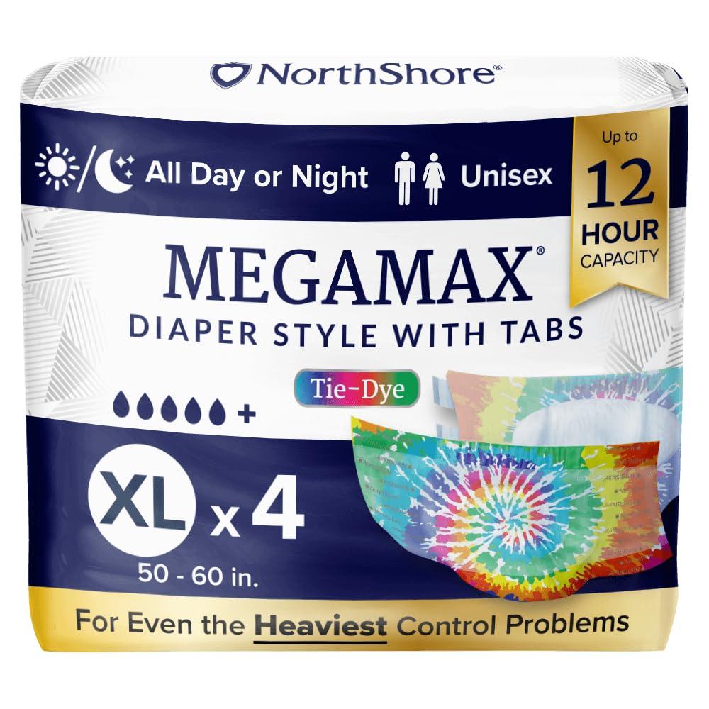 NorthShore NorthShore MegaMax Adult Overnight Diapers, 12-Hour Tab-Style, X-Large, 4 Count Trial, Tie-Dye, 50-60 inches, Unisex Incontinence Underwear