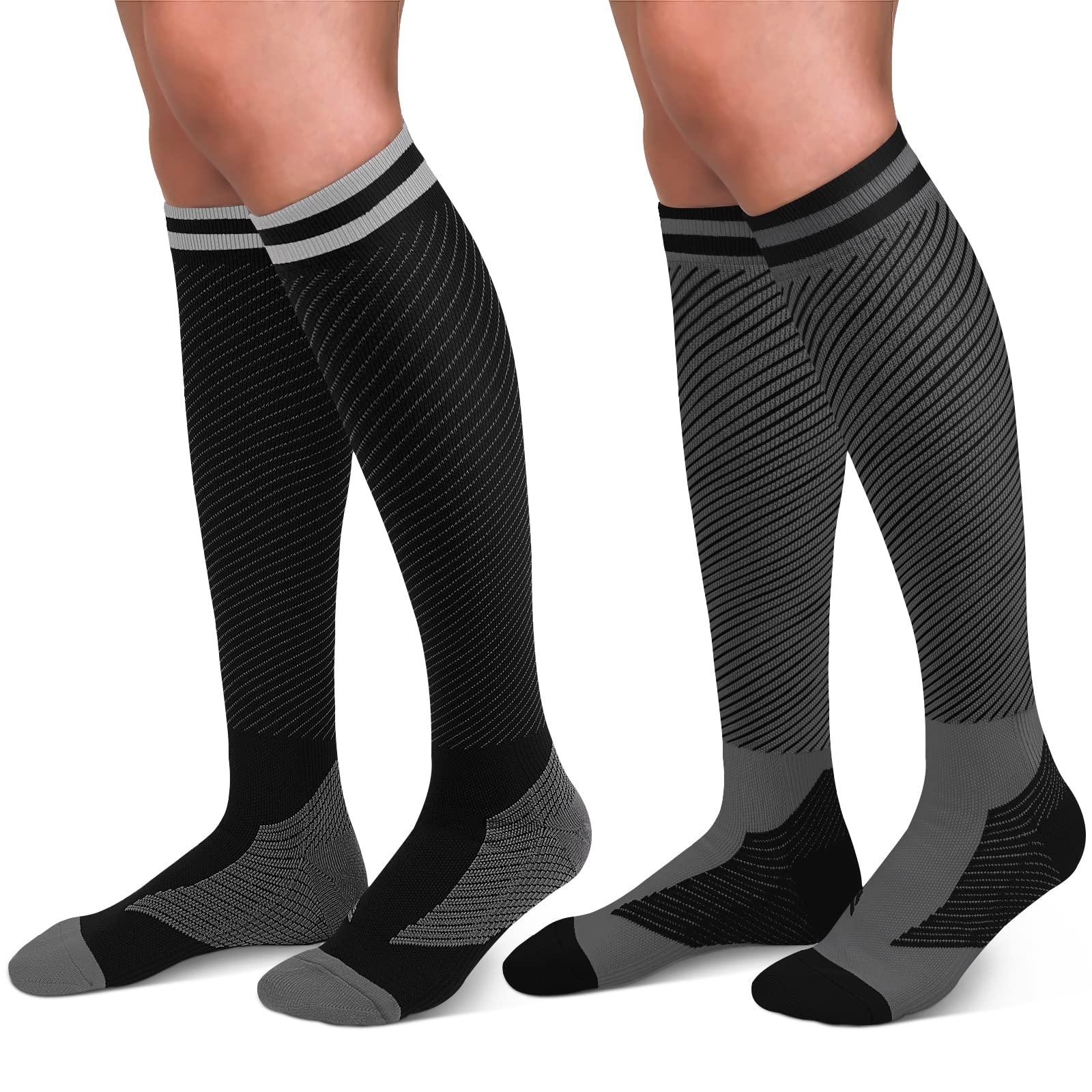 Hi Clasmix 30-40mmHg Medical Graduated Compression Socks for Women&Men Circulation-Compression Stockings-Knee High Socks for Support,Hiking,Running(2 Pack Strip Black Grey,L-XL)