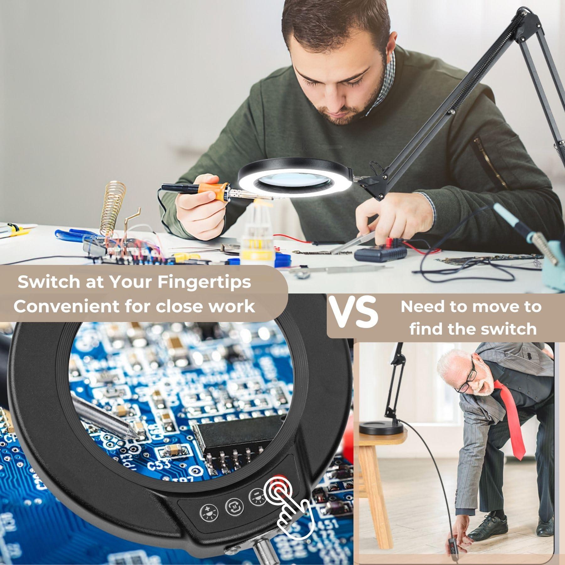 MagnieOpti 10X Magnifying Glass with Light and Clamp, 5 Color Modes Stepless Dimmable Real Glass Lighted Magnifier, Hands Free LED Magnifying Desk Lamp for Painting Craft Close Work Cross Stitch Sewing Retire