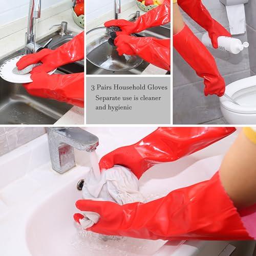 KAQ KAQ 3 Pairs PVC Rubber Gloves with Cotton Lined, Anti-Slip Dishwashing Gloves, Heavy Duty Kitchen Gloves for Washing Dishes, Household Gloves for Working, Painting, Pet Care, Handling Chemicals