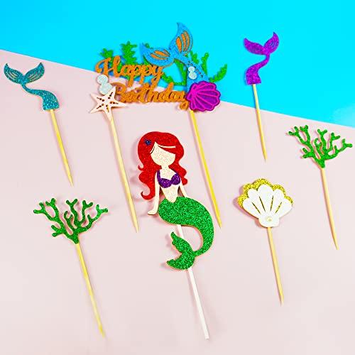 DRWATE Mermaid Cake Topper Mermaid Birthday Cake Topper, Mermaid Cake Decorations for Under The Sea Party Mermaid Theme Birthday Party Wedding Baby Shower Mermaid Party Supplies
