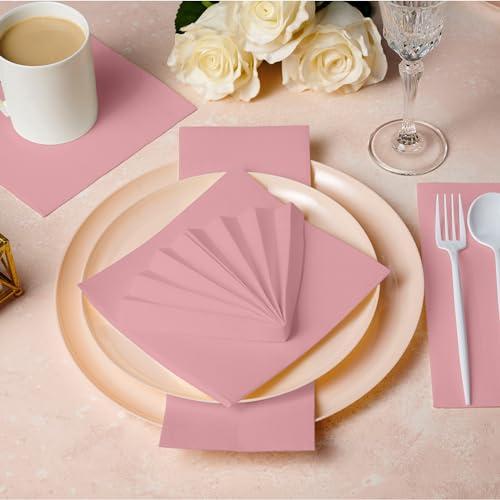 NAPEREE Disposable Cocktail Napkins Pink Paper, [200 Pack] 10\" x 10\" 2-Ply Quilted Pink Beverage Napkins For Bar, Cafe, Weddings, Party Or Kitchen
