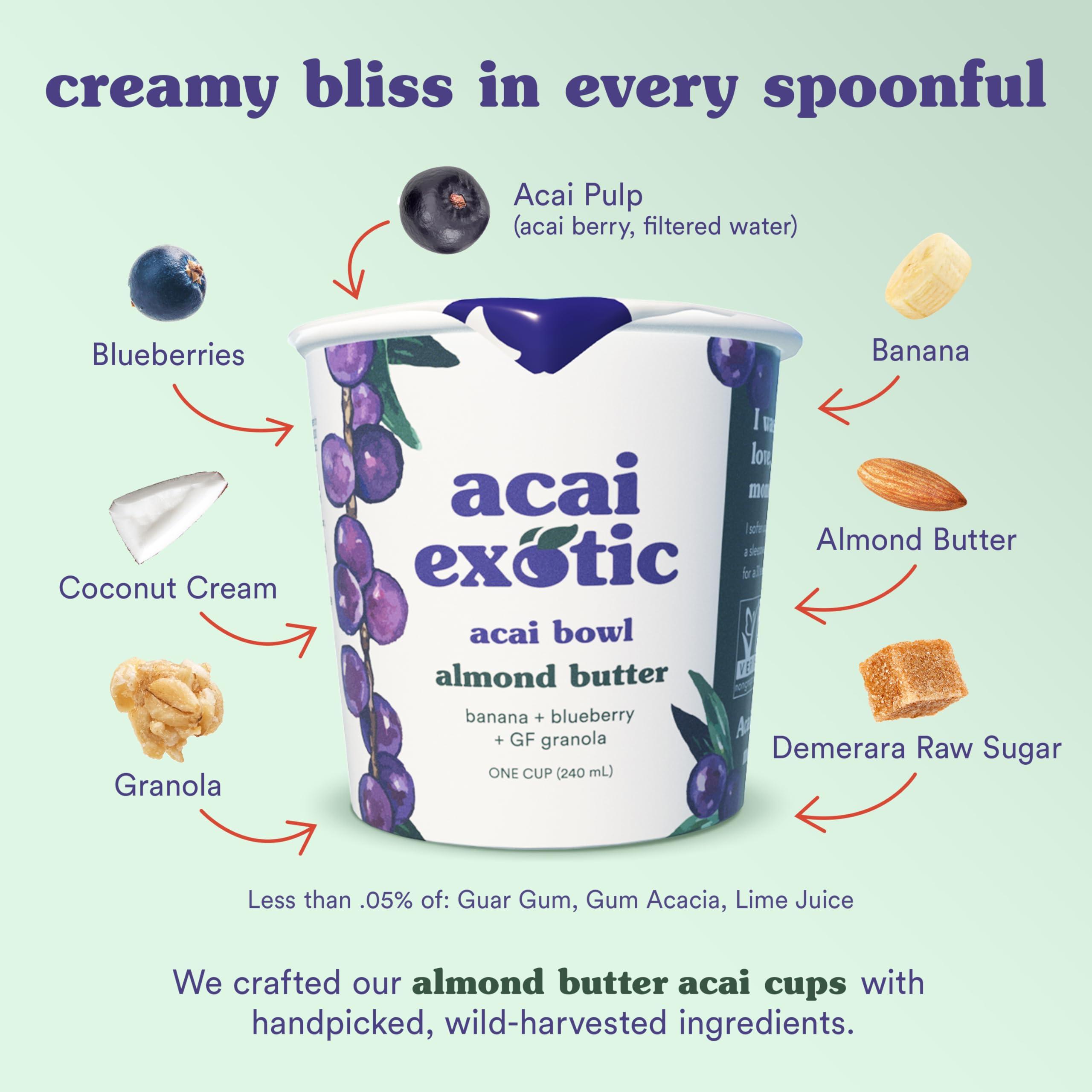 Acai Exotic Acai Bowl - 4 bowl pack - Breakfast or Snack To Go Bowls with Whole Blueberries, Coconut Cream, Whole Grain Oats & Banana Slices, 2 Almond Butter, 2 Hazelnut Cocoa Spread, 8oz RTE acai bowls