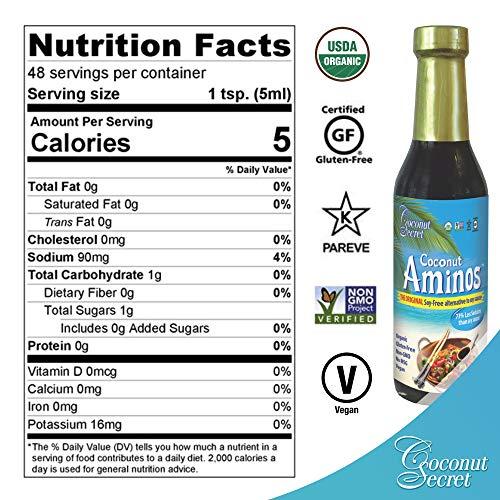 COCONUT SECRET Coconut Secret Coconut Aminos - 8 fl oz - Low Sodium Soy Sauce Alternative, Low-Glycemic - Organic, Vegan, Non-GMO, Gluten-Free, Kosher - Keto, Paleo, Whole 30 - 48 Servings
