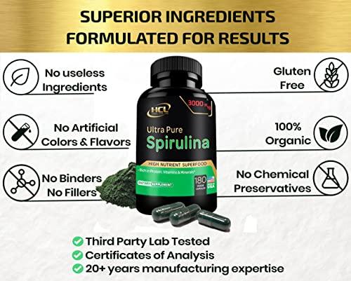 HCL HERBAL CODE LABS Organic Spirulina Powder Capsules 3000 mg - Purest Non-Irradiated Blue Green Algae - Best Raw Vegan Protein - Green Superfood - Natural Multivitamins – 180 Pills Made in The USA