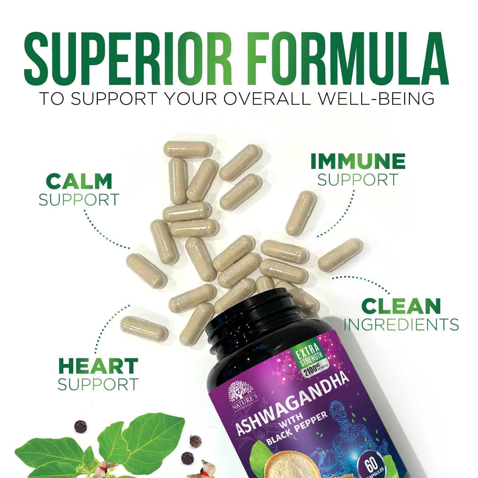 Nature\'s Strength Ashwagandha Extra Strength 2100mg - Ashwagandha Supplements for Women & Men, Antioxidant Support, Nature\'s Vegan Ashwagandha Powder, Ashwagandha Supplement, Non-GMO & Gluten Free - 60 Capsules