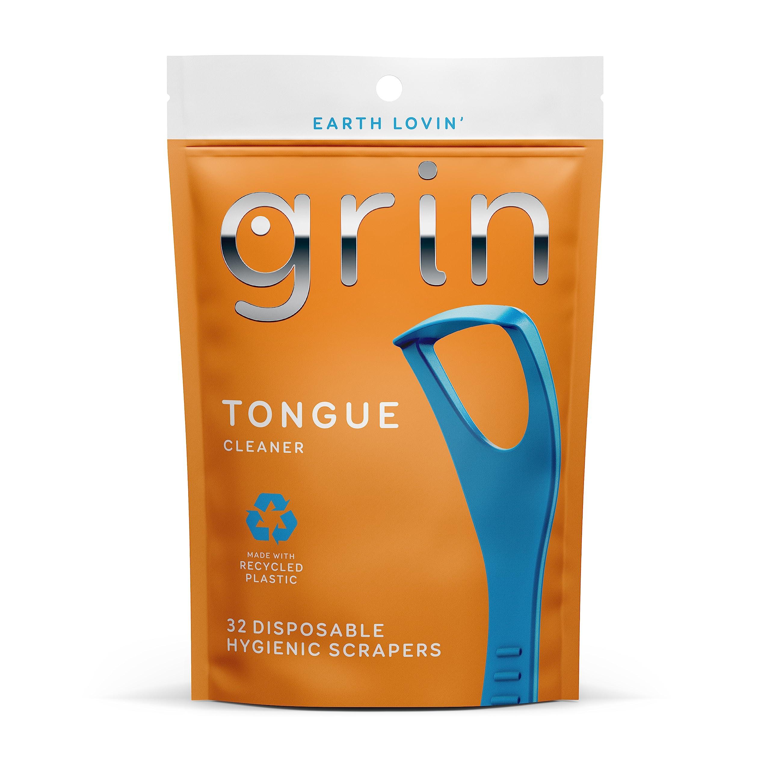 Grin GRIN Tongue Cleaner, 32 Count, Disposable Tongue Cleaner, Hygienic Scraper, Recycled Plastic, Clean Tongue, Promote Fresh Breath, Includes Safe Fold- Back Tooth Pick