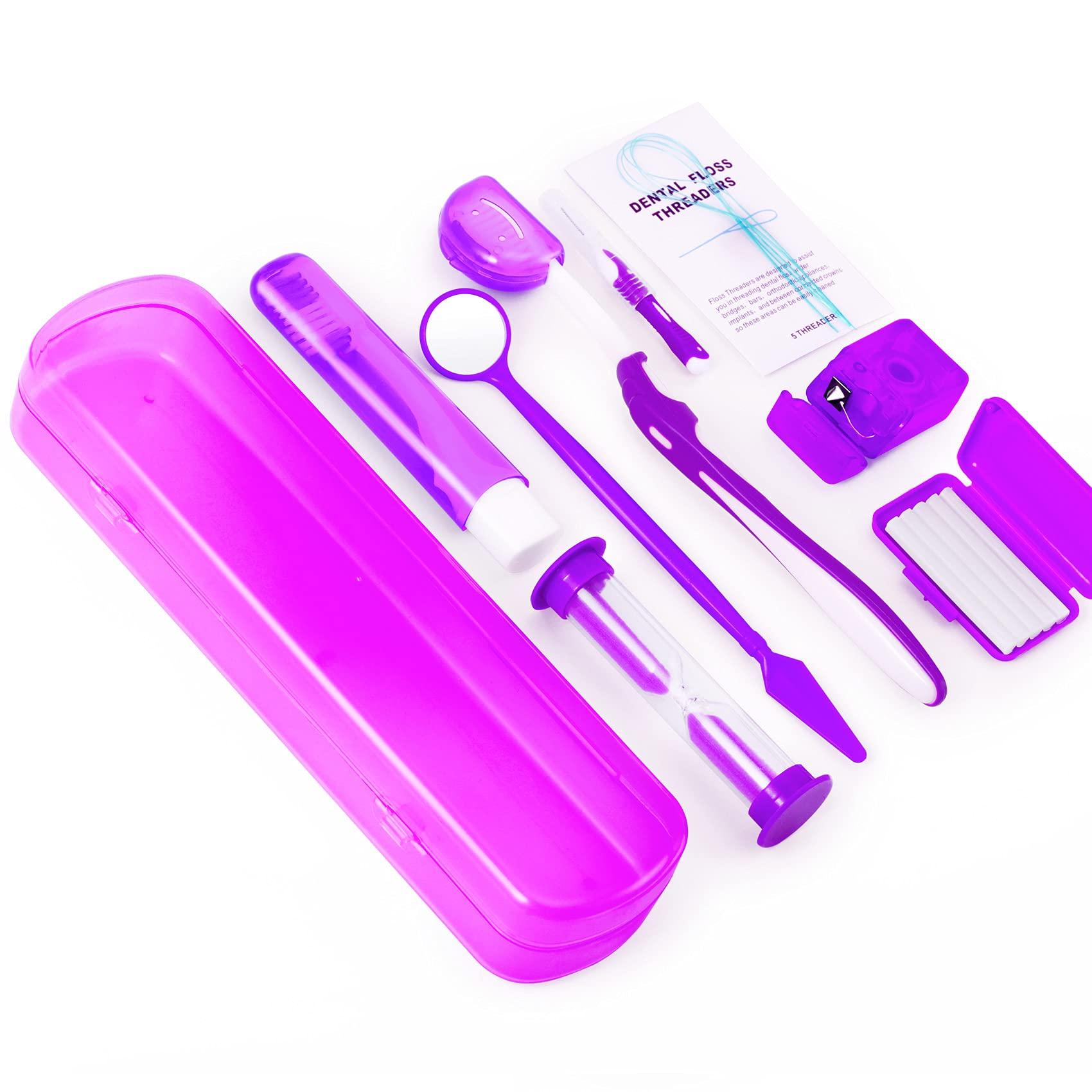 Annhua Braces Kit Cleaning Tools Boxed 8 Pack for Orthodontic, Portable Travel Dental Pick Tool Set for Braces, Interdental Brush, Ortho Wax, Floss, Oral Mirror Included - Purple