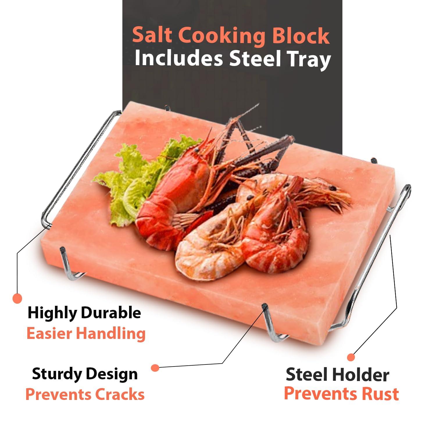 ZKTRADING ZK Himalayan Salt Block with Steel Tray for Grilling- Cooking, Cutting, and Serving, 12x8x1.5, Food Grade Rock Salt Plate, Salt Slab a Unique Gift for Men, Women, Chefs & Cooks