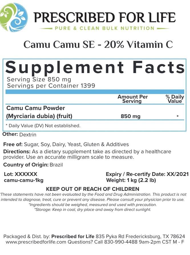 Prescribed For Life Prescribed For Life Camu Camu Powder | Camu Berry Superfood Fruit Powder for Smoothies | 20% Natural Vitamin C Standardized Extract Powder | Gluten Free, Non-GMO, Soy Free, Sugar Free (5 kg / 11 lb)