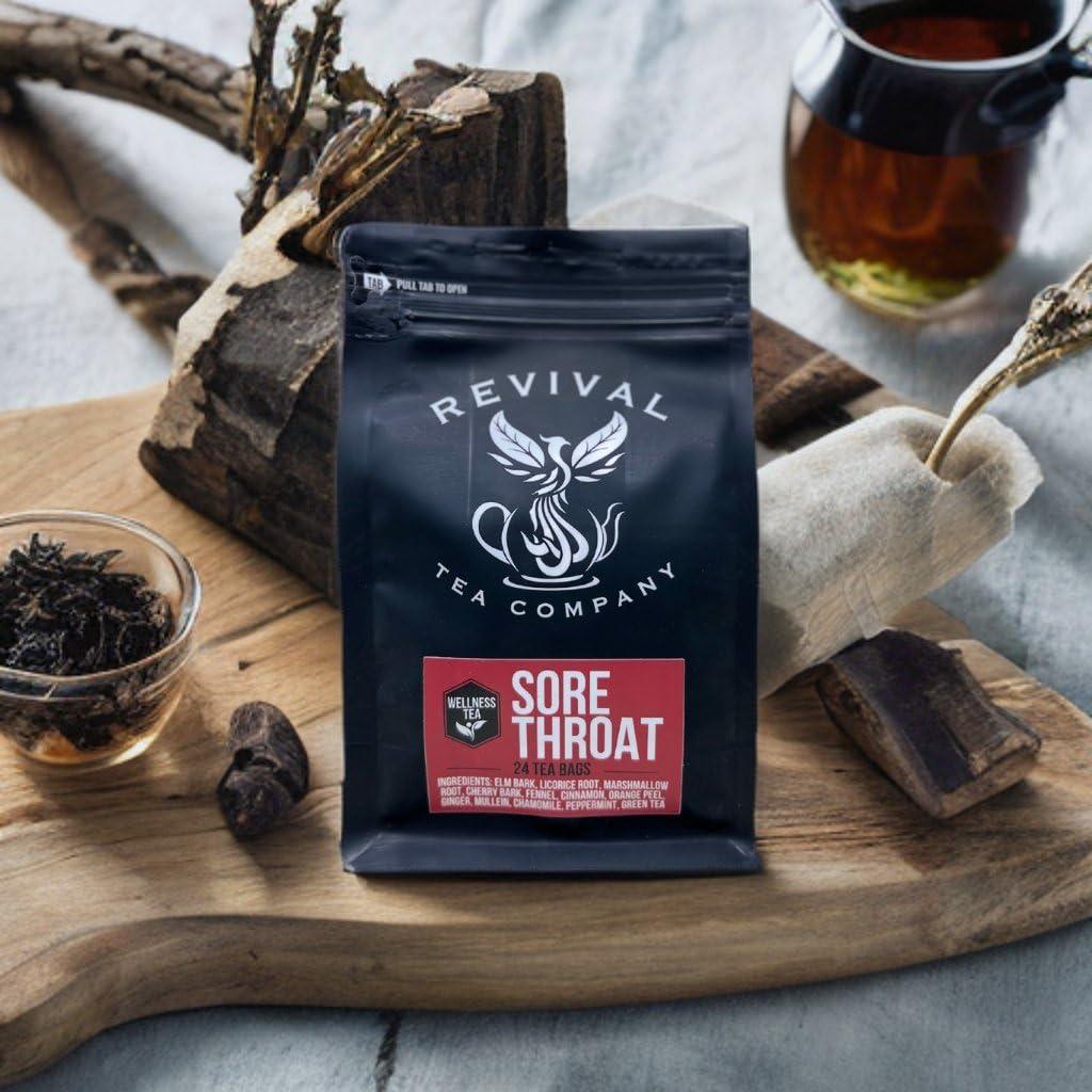 REVIVAL TEA COMPANY Sore Throat Tea - Wellness Tea Made with Elm Bark, Licorice Root and Marshmallow Root with Herbal and Medicinal Properties - Low Caffeine - 24 Tea Bags