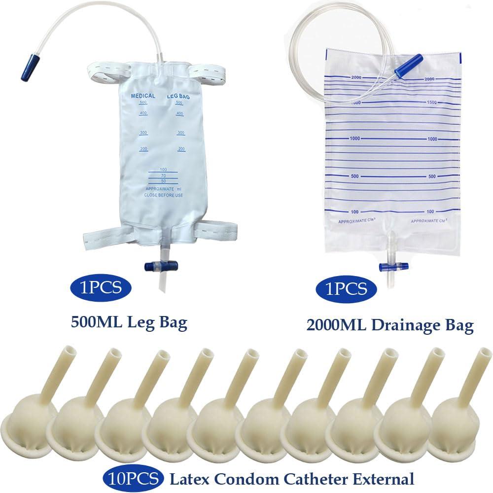 YEYSXSY Condom Catheter External self Sealing Set 10pcs Male Condom Catheter 1pcs 500ml Leg Bag 1pcs 2000ml Drainage Bag(30mm/1.18inch)