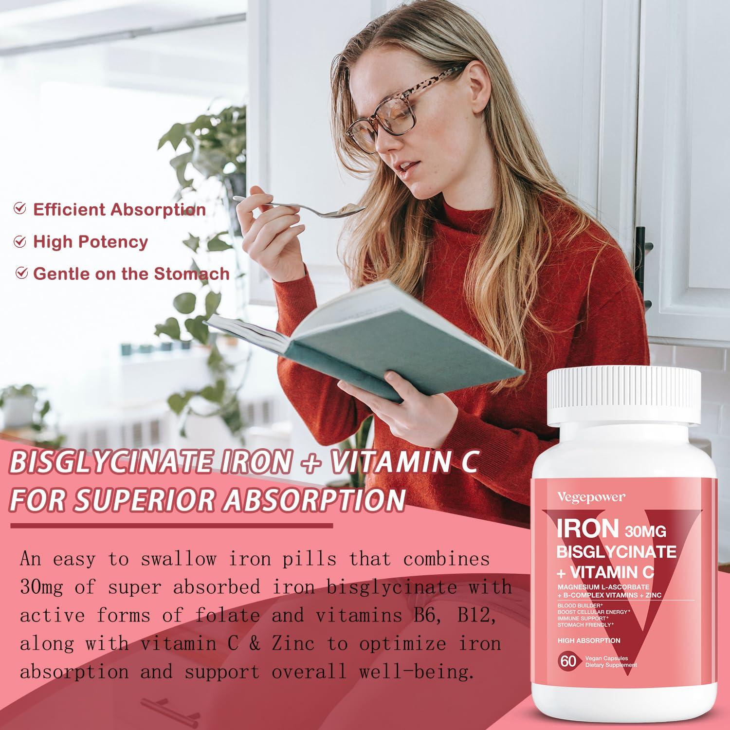 VEGEPOWER Iron Bisglycinate Supplement for Women & Men - 30mg Iron Pills with Vitamin C, B12, Folic Acid - Chelated Iron for Anemia, Blood Builder - High Absorption, Gluten-Free, Non-GMO - 60 Vegan Caps