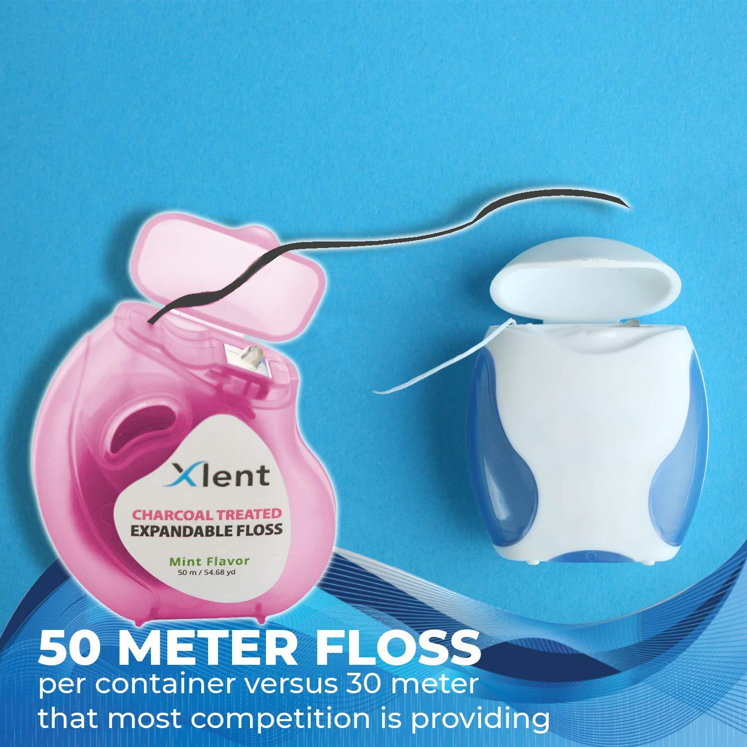 Xlent Expandable Floss Treated with Activated Charcoal with Xylitol and Natural Plant Based Wax |Fresh Mint Flavor | PFAS & PTFE Free |50 Meter x 2