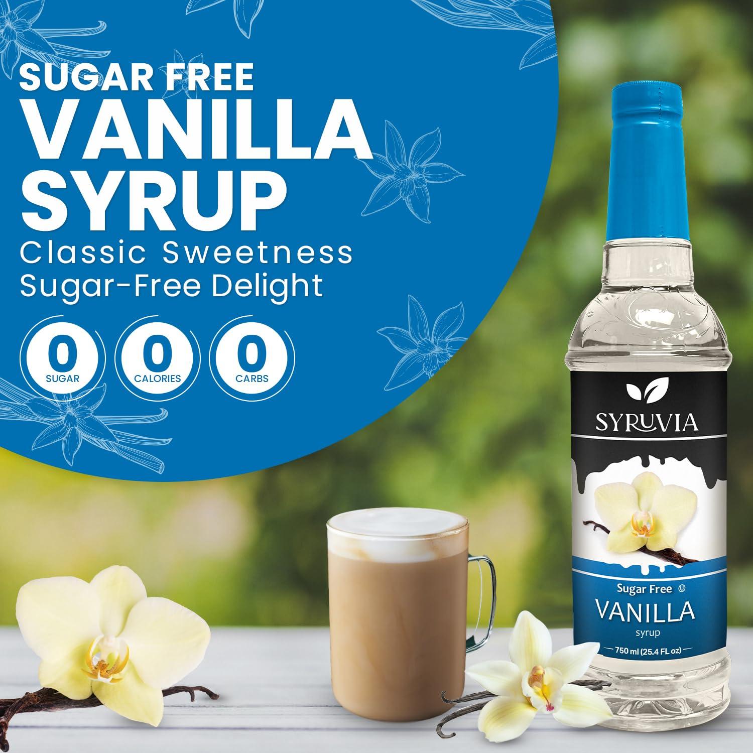SYRUVIA Syruvia 4 Pack Sugar-Free Vanilla Coffee Syrup 25.4 fl oz - Syrup for Coffee, Lattes, Shakes, Smoothies, Desserts 100% Vegan, Gluten Free, Kosher No-Calorie Coffee Syrup,