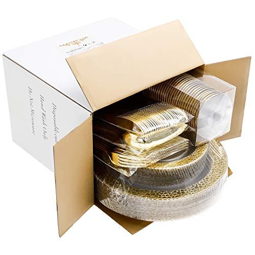 supernal Supernal 180pcs Gold Plastic Dinnerware,Clear Plasitc Plates with Gold Dimond Design,Gold Plastic Silverware,Gold Plates,Clear Cup with Gold Rim,Good Choice for Wedding and Party