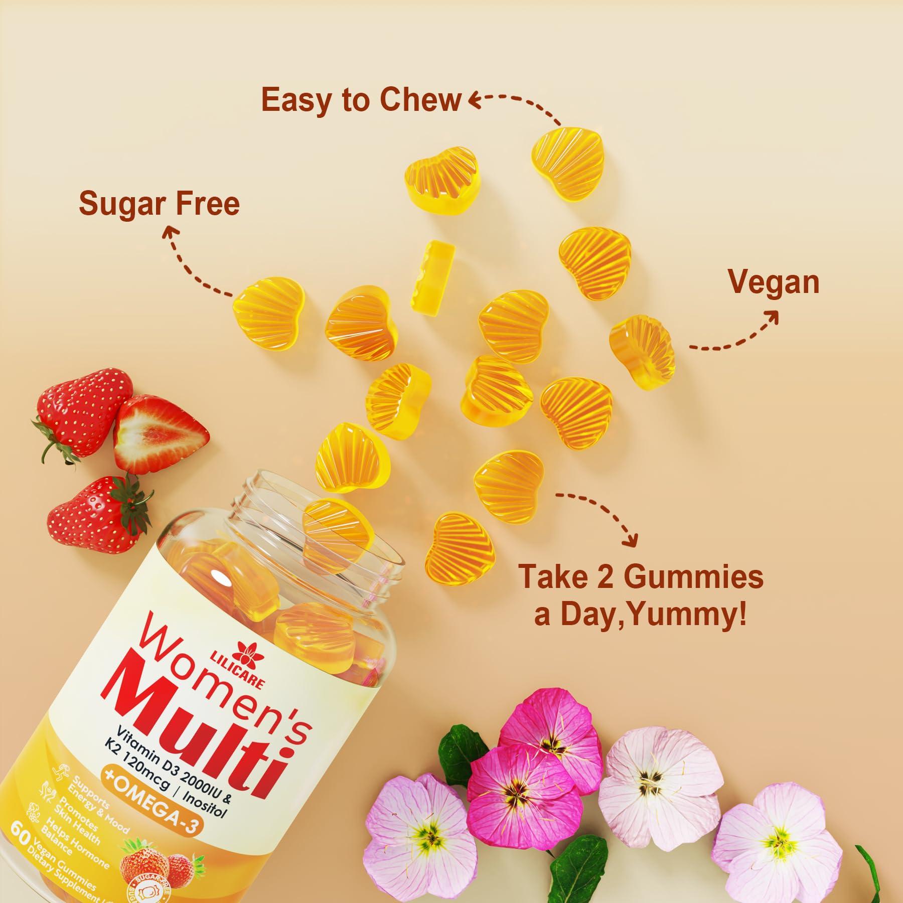 LILICARE Womens Multivitamin Gummies, Sugar-Free Methylated Multivitamins w/D3 + K2, Vegan Omega 3, Algae Calcium, Daily Vitamin A C E B6 B12 Folate, Inositol, Minerals for Energy, Mood, Bone, Hormore, 60 Cts