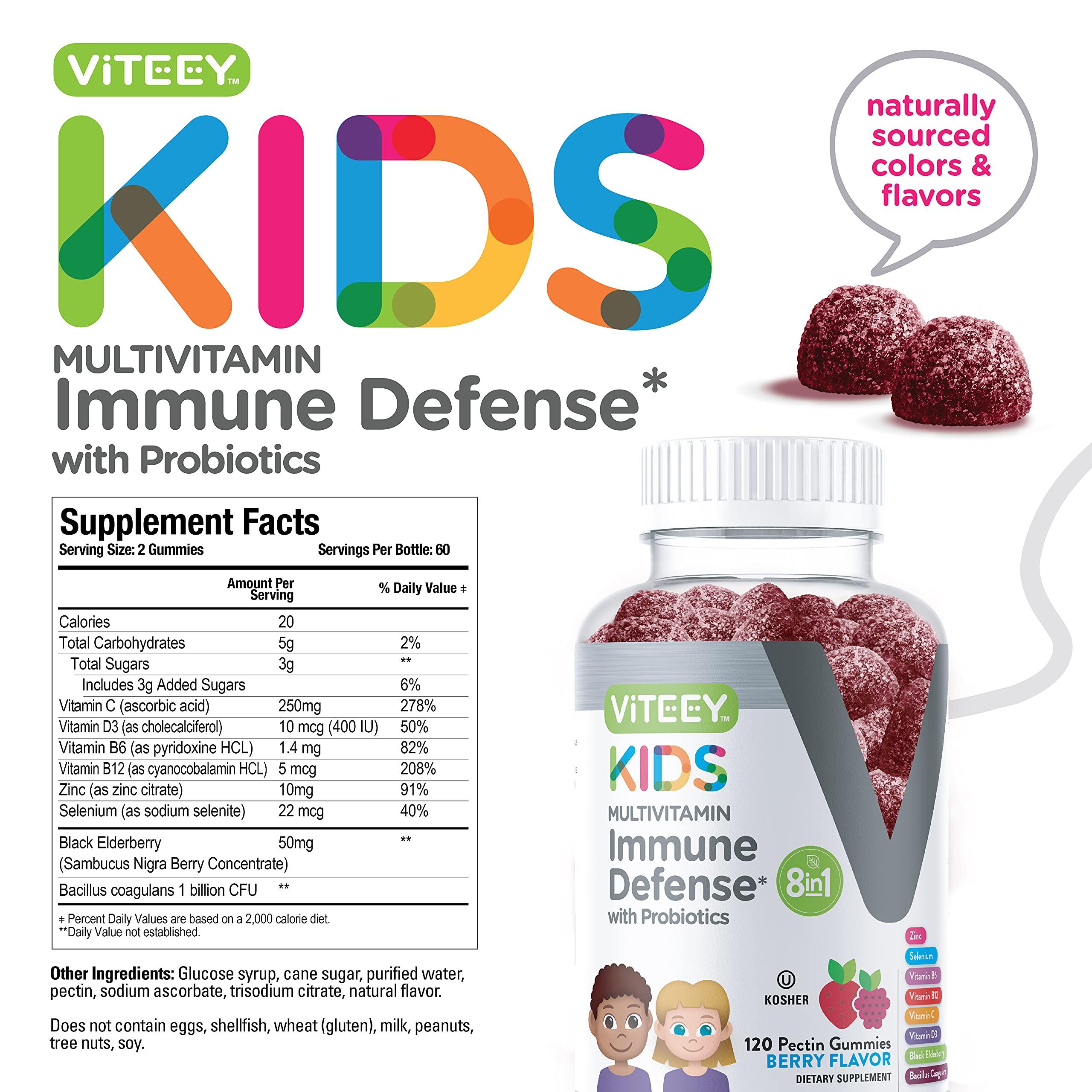 Viteey Kids Multivitamin Gummies with Probiotics - 8-1 Kids Vitamins for Immune Health Support with Vitamin C, D3, B12, B6, Zinc, Elderberry, Selenium - Vegetarian - Chewable Tasty Berry Flavored Gummy