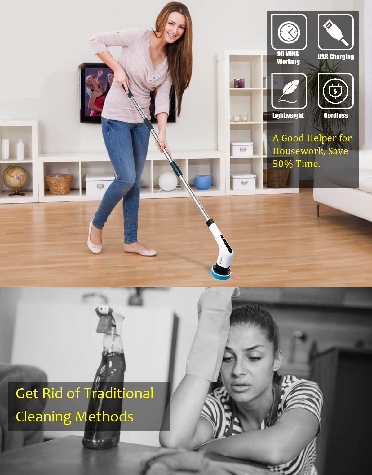 FARI Electric Spin Scrubber, FARI Cordless Cleaning Brush with 7 Replaceable Brush Heads, Tub and Floor Tile 360 Power Scrubber Mop with Adjustable Handle for Bathroom Kitchen Car (White)