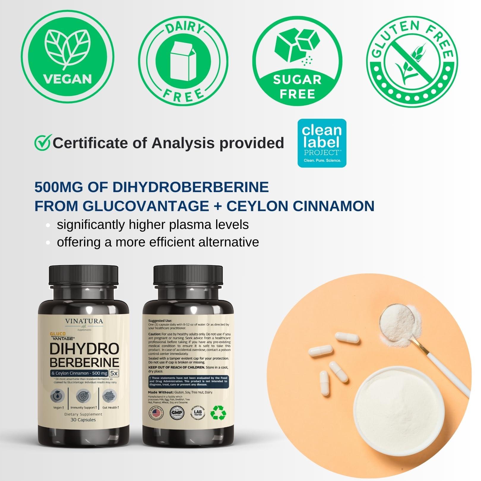 VINATURA VINATURA Dihydroberberine Supplement 500mg with Ceylon Cinnamon - (Patented GlucoVantage Super Berberine), Maybe Berberine 5X More absorbable - 30 Capsules