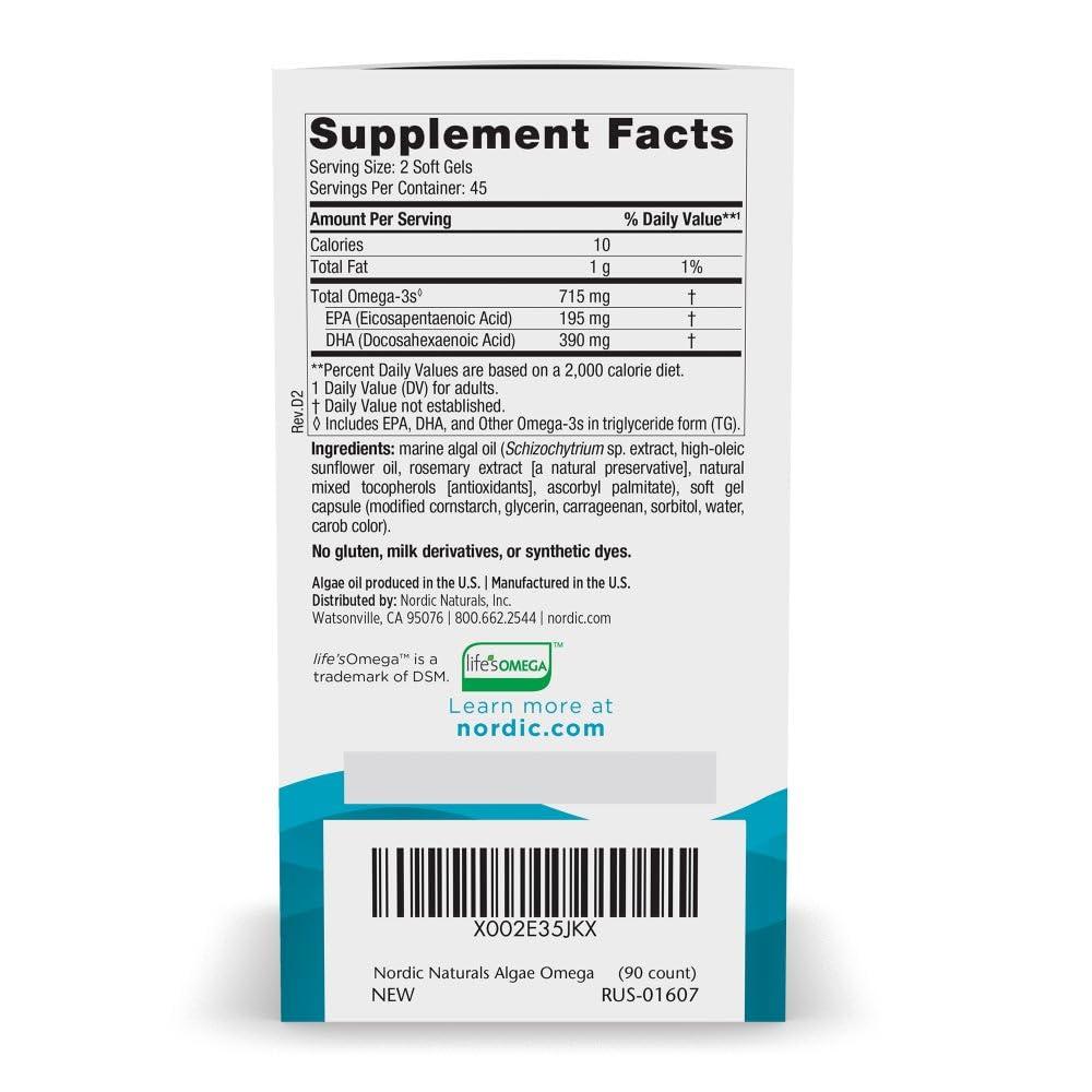 Nordic Naturals Nordic Naturals Algae Omega - 90 Soft Gels - 715 mg Omega-3 - Certified Vegan Algae Oil - Plant-Based EPA & DHA - Heart, Eye, Immune & Brain Health - Non-GMO - 45 Serving