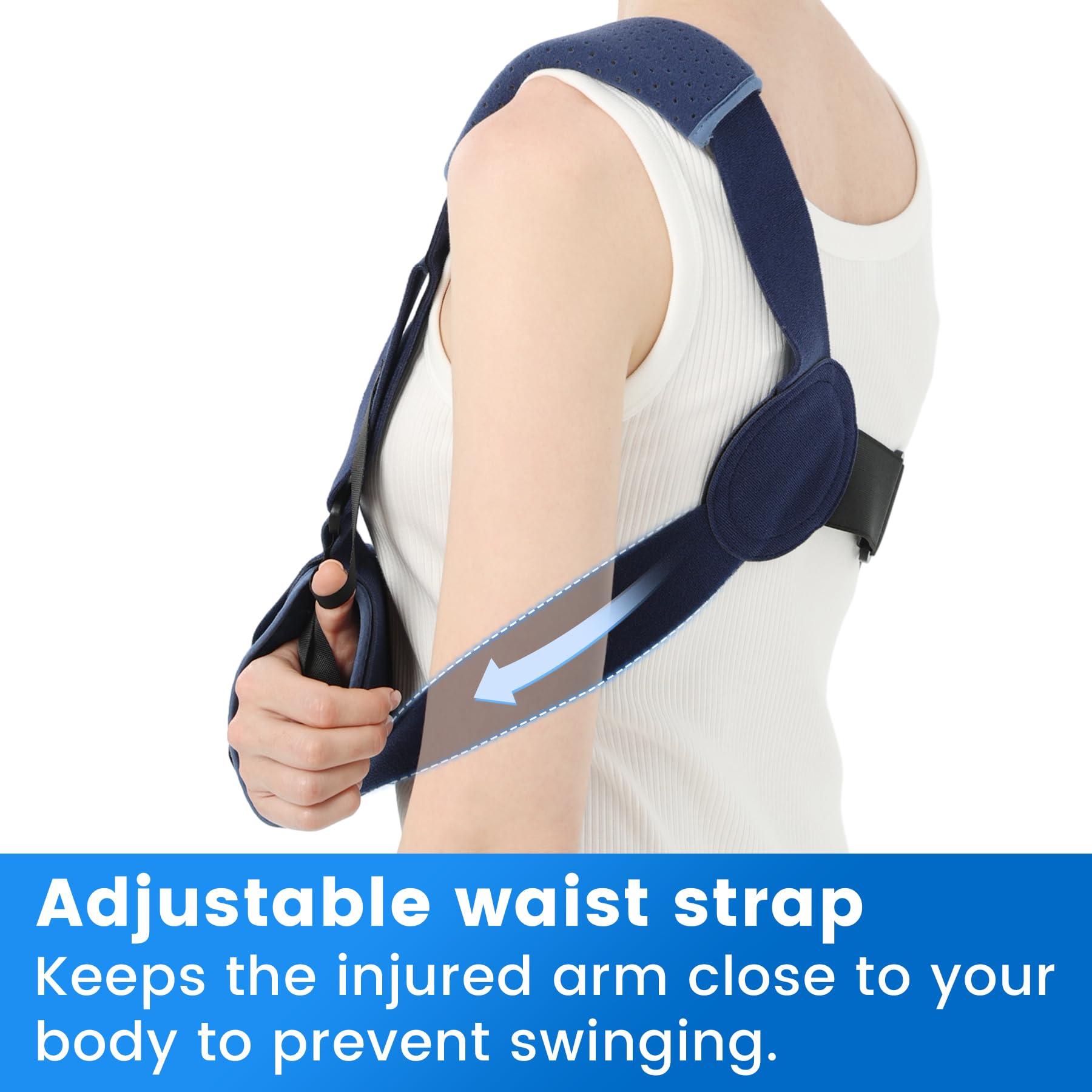 Velpeau Velpeau Arm Sling Shoulder Immobilizer with Waist Strap, Ventilated & Breathable Design, Arm Support Brace for Shoulder, Rotator Cuff, Elbow, Hand injury (Mesh Version, Blue, Right, L: Bust 40-51)