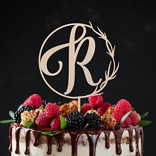 Vinisong Vinisong Personalized Initials Cake Topper Wreath Letter R Cake Topper Wood Monogram Cake Topper Rustic Wedding Cake Topper Birthday Cake Decoration(Design 06,R)