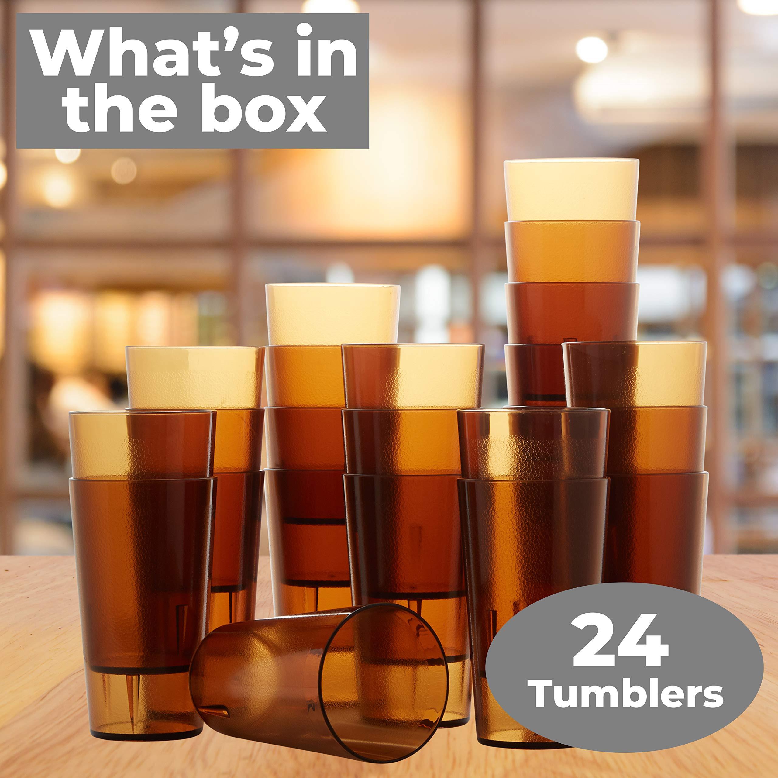 Avant Grub Restaurant Grade, BPA-Free 12oz Amber Plastic Cups 24pk. Super Durable, Break Resistant Drinking Glasses for Cafe, Party, Catering. Reusable, Stackable Tumblers with Textured Grip Design