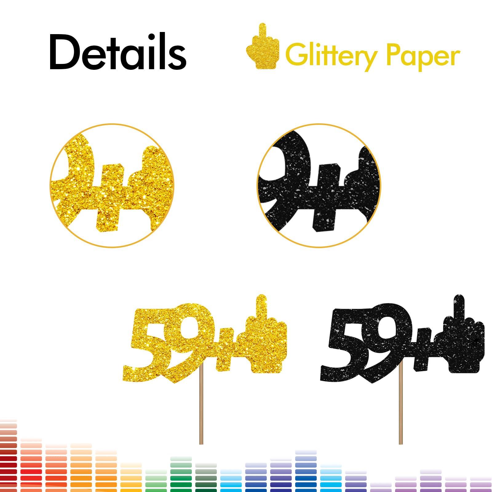 MINUET MINUTE 59+1 Cupcake Toppers, Middle Finger Happy 60th Birthday Cupcake Toppers, Happy 60th Anniversary Dessert Picks,Funny Cheers To 60 Years Old Birthday Party Decoration - Black & Gold Glitter