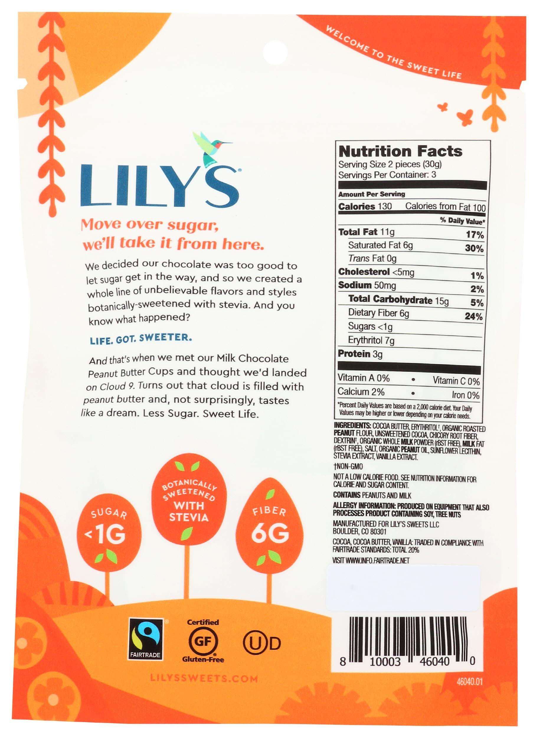 Lily's LILY\'S Milk Chocolate Style Peanut Butter Cups No Sugar Added, Sweets Bag, 3.2 oz