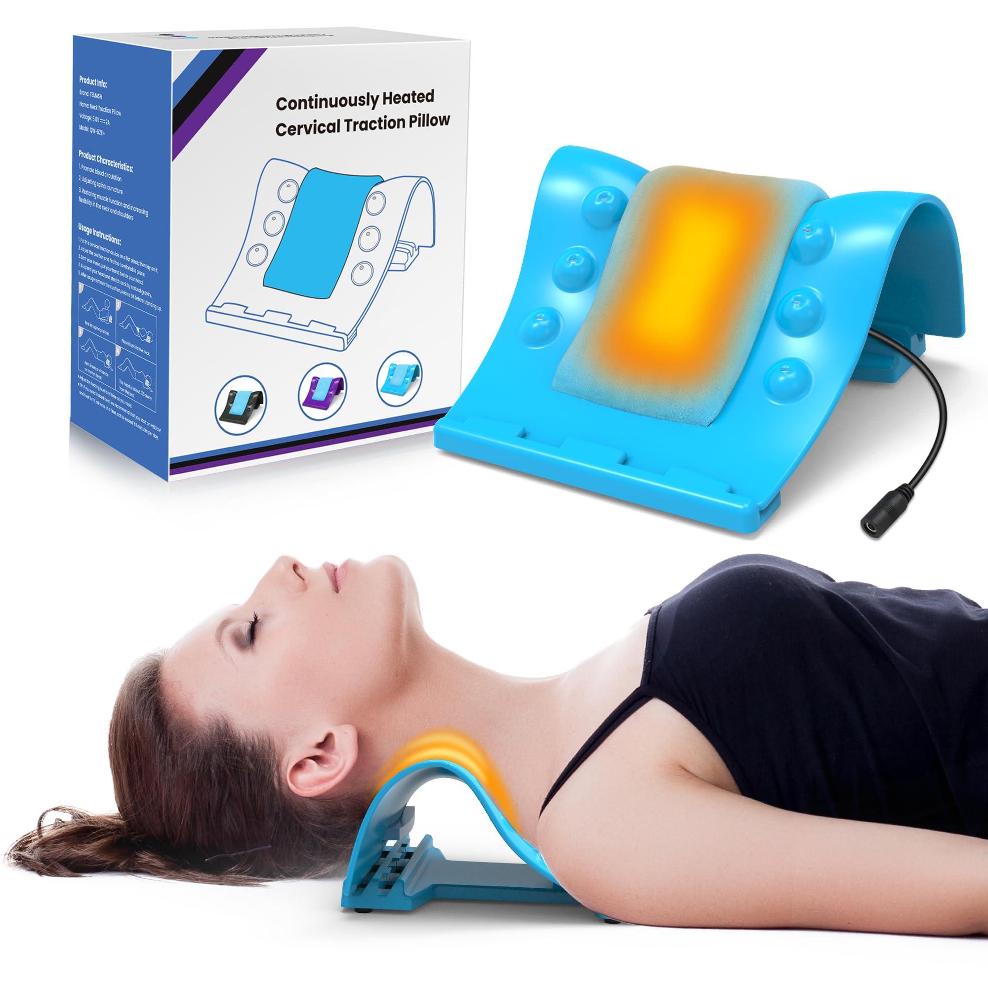 TEMASH TEMASH Cervical Traction Device - Heated Neck Stretcher for Instant Neck Pain Relief, Tension Headache Reduction, and TMJ Pain Relief, with Cervical Spine Pillow to Correct Neck Hump(Blue)