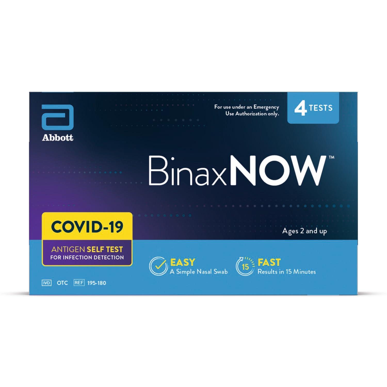 BinaxNOW BinaxNOW COVID-19 Antigen Self Test, 1 Pack, 4 Tests Total, COVID Test With 15-Minute Results Without Sending to a Lab, Easy to Use at Home