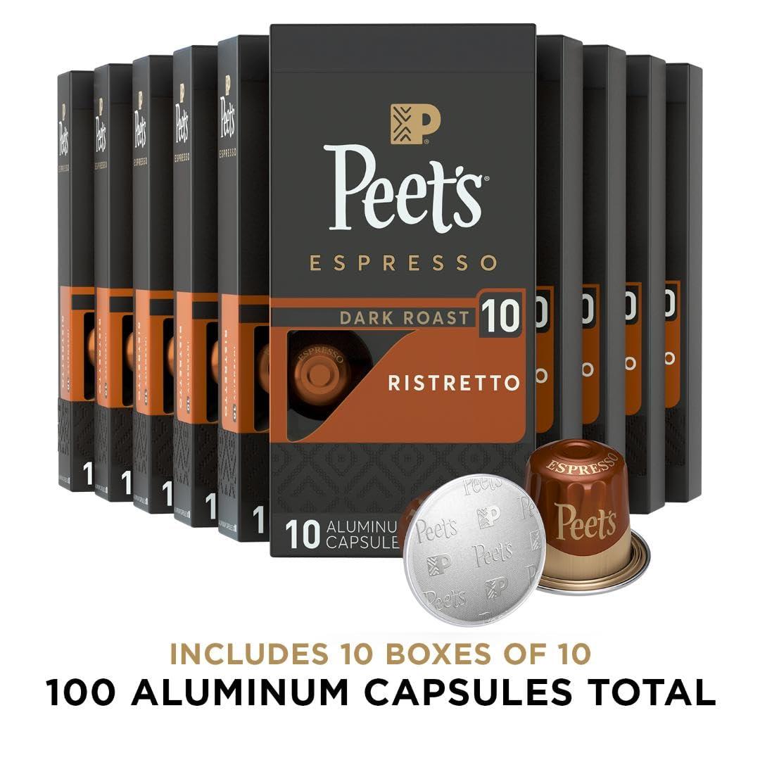 Peet's Coffee Peet\'s Coffee, Dark Roast Espresso Capsules, Compatible with Nespresso Original Machine - Ristretto Intensity 10, 100 Count (10 Boxes of 10 Espresso Capsules)
