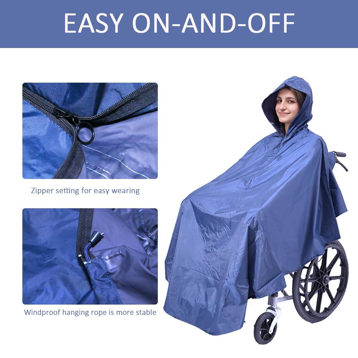 Fonakei Fonakei Wheelchair Poncho Wheelchair Covers Waterproof with Reflective Strips Rain Ponchos for Adults Reusable, Adjustable Hood,Secure Buckle Straps Black Electric Wheelchair Accessories (Navy Blue)