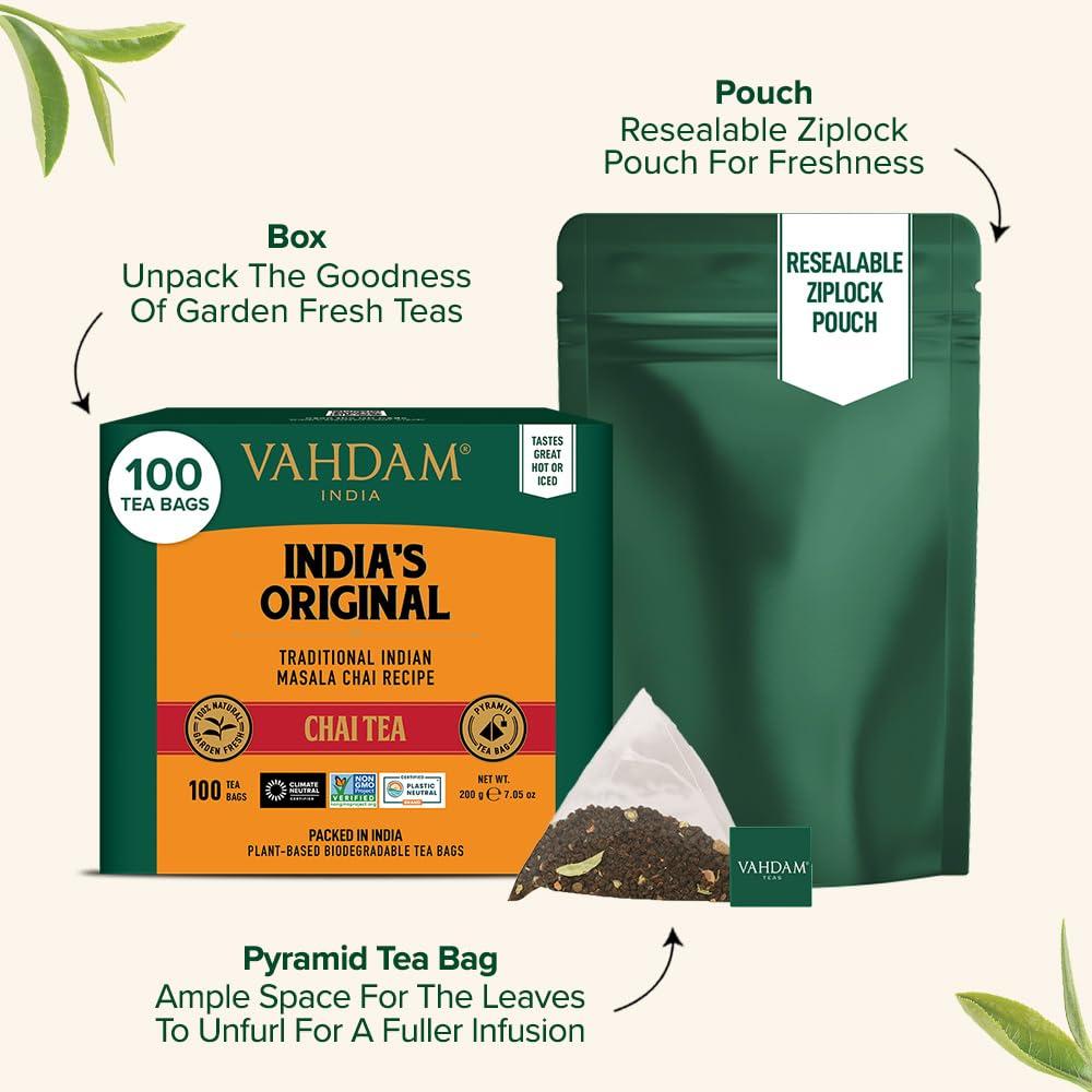 VAHDAM VAHDAM, India\'s Original Masala Chai Tea Bags (100 Count) Non GMO, Gluten Free, No Added Flavoring | Blended w/Exotic Spices | Whole Leaf Tea Bags | Resealable Ziplock Pouch